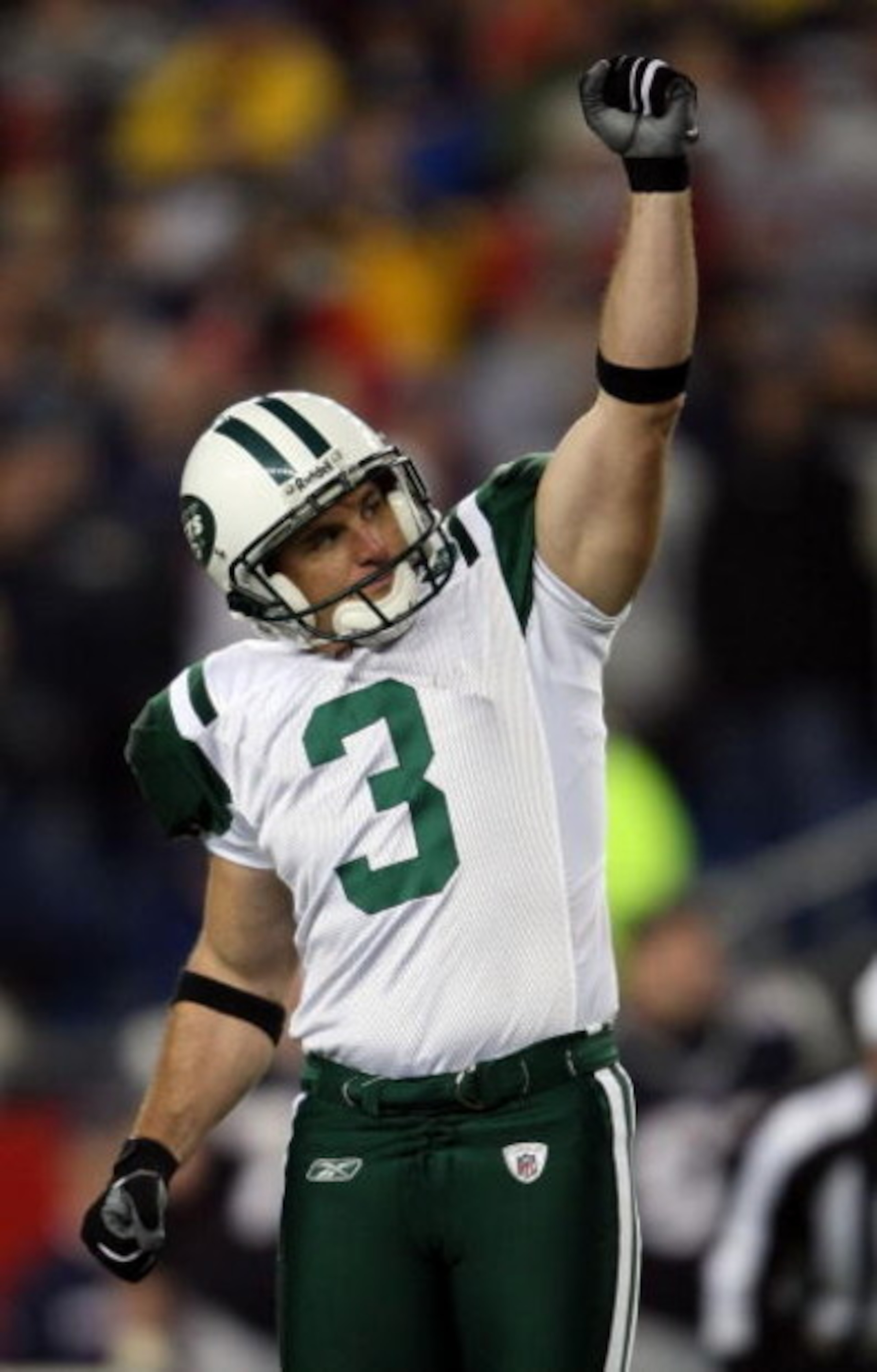 FOXBORO, MA - NOVEMBER 13:  Jay Feely #3 of the New York Jets celebrates his game winning field goal in overtime against the New England Patriots on November 13, 2008 at Gillette Stadium in Foxboro, Massachusetts. The Jets defeated the Patriots 34-31 in o