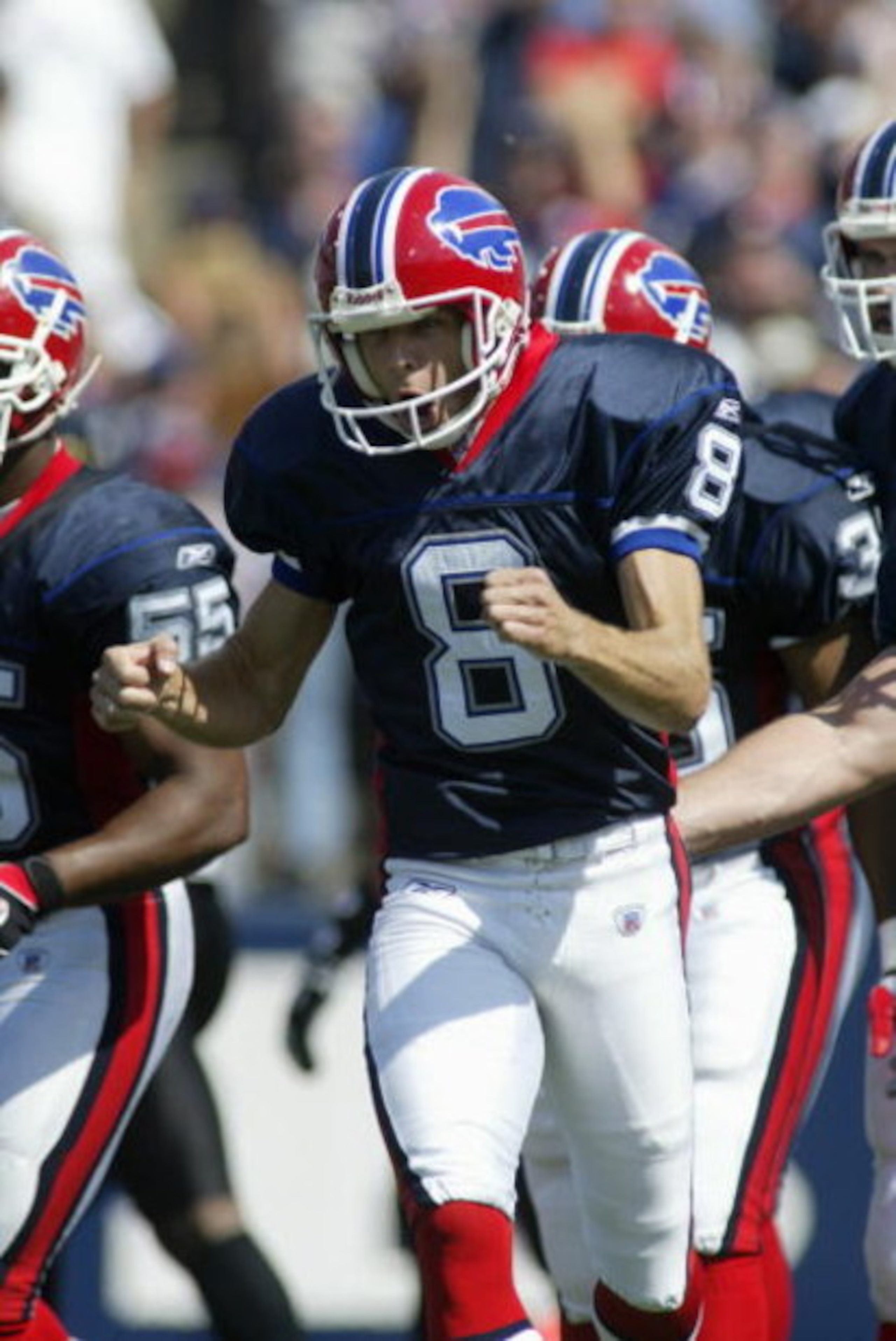 ORCHARD PARK, NY - SEPTEMBER 12:  Punter Brian Moorman #8 of the Buffalo Bills celebrates during the game against the Jacksonville Jaguars on September 12, 2004 at Ralph Wilson Stadium in Orchard Park, New York. The Jaguars won 13-10. (Photo by Rick Stewa