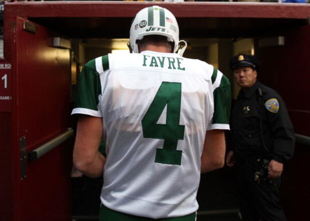 SAN FRANCISCO - DECEMBER 07:  Brett Favre #4 of the New York Jets  leaves the field after his game against the San Francisco 49ers during an NFL game on December 7, 2008 at Candlestick Park in San Francisco, California.  (Photo by Jed Jacobsohn/Getty Imag
