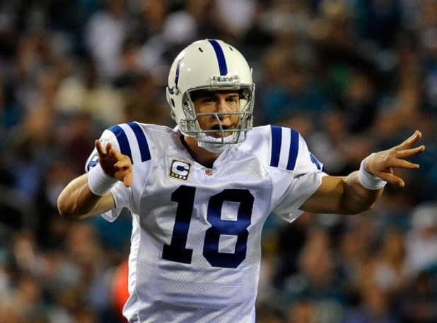 JACKSONVILLE, FL - DECEMBER 18:  Peyton Manning #18 of the Indianapolis Colts calls a signal during the game against the Jacksonville Jaguars at Jacksonville Municipal Stadium on December 18, 2008 in Jacksonville, Florida.  (Photo by Sam Greenwood/Getty I