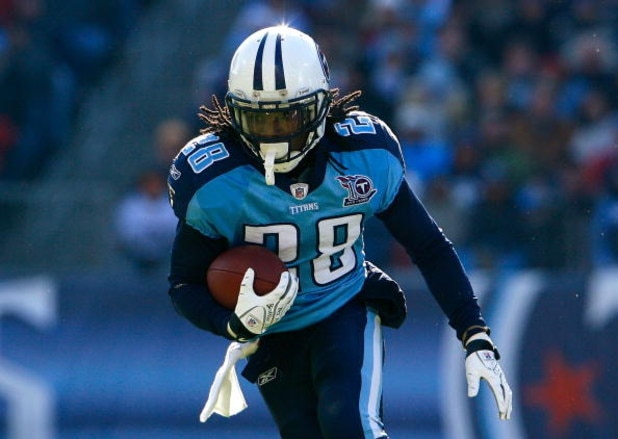 NASHVILLE, TN - DECEMBER 07:  Running back Chris Johnson #28 of the Tennessee Titans rushes against the Cleveland Browns during the game on December 7, 2008 at LP Field in Nashville, Tennessee.  (Photo by Kevin C. Cox/Getty Images)