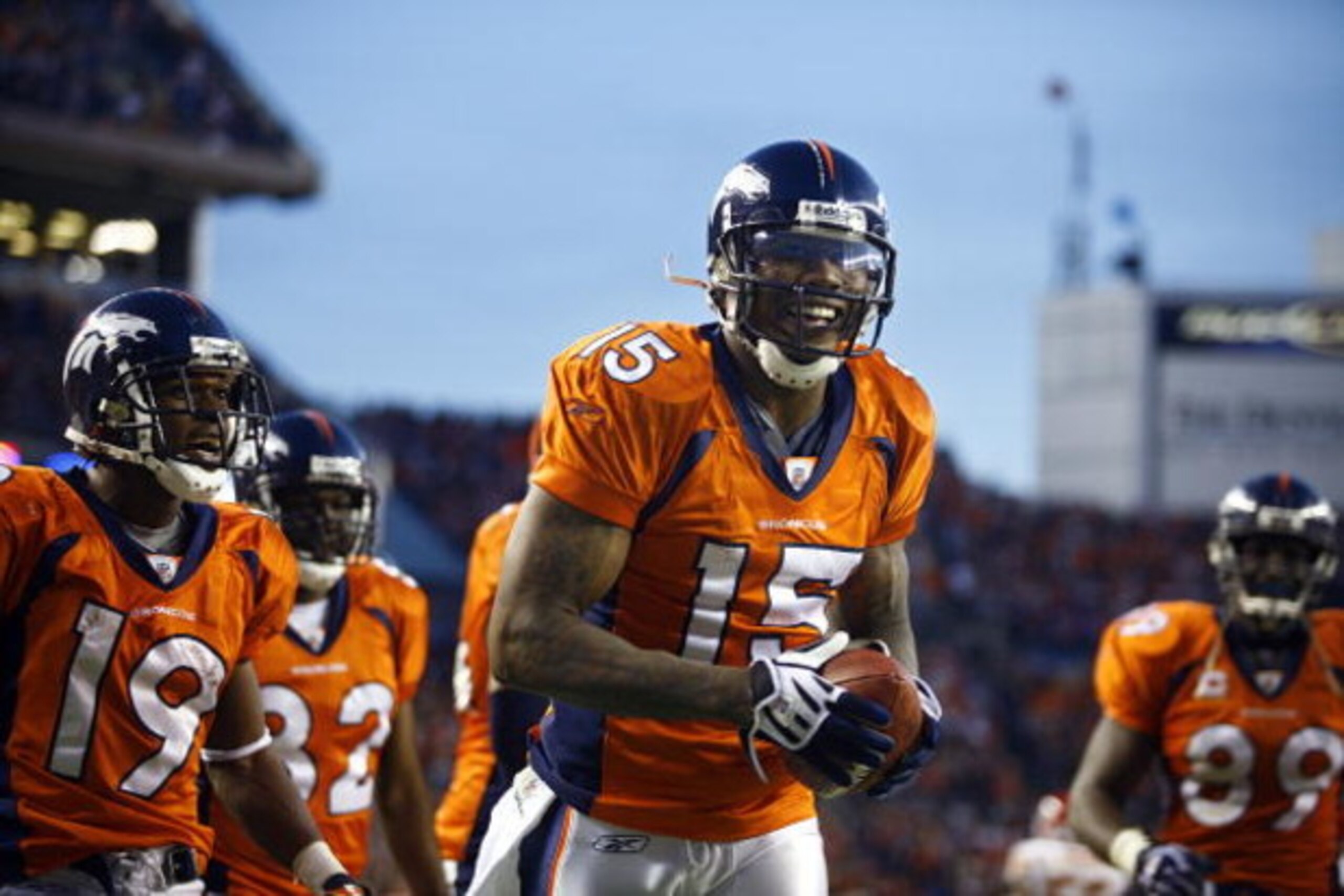 DENVER - DECEMBER 7: Wide reiver Brandon Marshall #15 of the Denver Broncos was all smiles after catching the game winning touchdown against the Kansas City Chiefs during the fourth quarter of week 14 NFL action at Invesco Field at Mile High on December 7