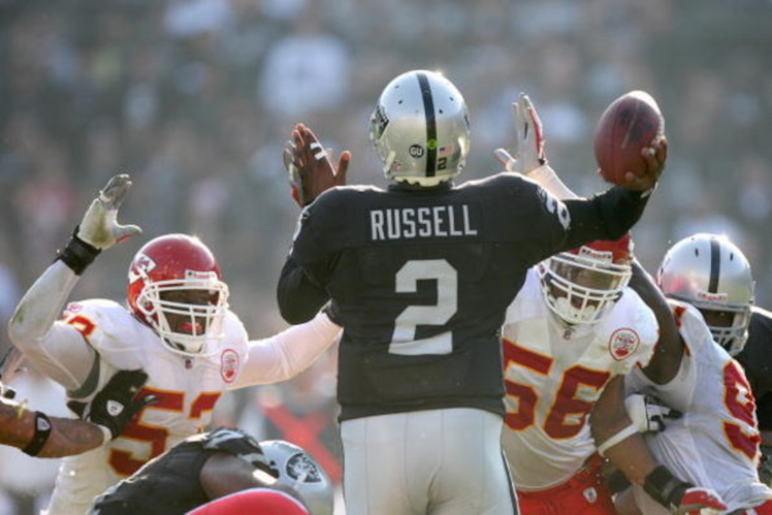 OAKLAND, CA - NOVEMBER 30:  Quarterback JaMarcus Russell #2 of the Oakland Raiders is rushed as he looks to pass the ball against the Kansas City Chiefs during an NFL game on November 30, 2008 at the Oakland-Alameda County Coliseum in Oakland, California.