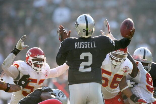 OAKLAND, CA - NOVEMBER 30:  Quarterback JaMarcus Russell #2 of the Oakland Raiders is rushed as he looks to pass the ball against the Kansas City Chiefs during an NFL game on November 30, 2008 at the Oakland-Alameda County Coliseum in Oakland, California.