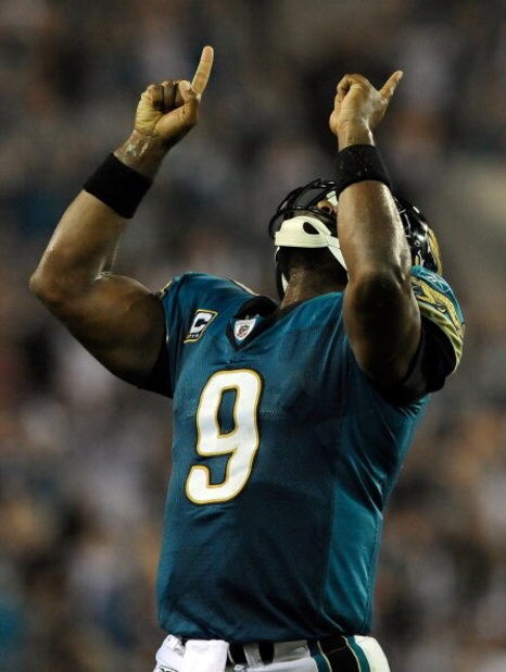 JACKSONVILLE, FL - DECEMBER 18:  David Garrard #9 of the Jacksonville Jaguars celebrates a touchdown during the game against the Indianapolis Colts at Jacksonville Municipal Stadium on December 18, 2008 in Jacksonville, Florida.  (Photo by Sam Greenwood/G