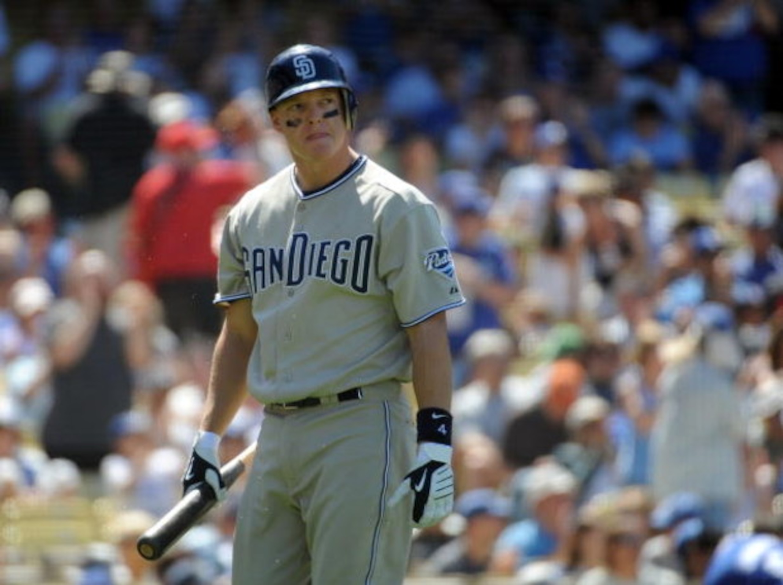 LOS ANGELES, CA - MAY 03: Nick Hundley #4 of the San Diego Padres reacts after his strikeout with the bases loaded against the Los Angeles Dodgers during the sixth inning at Dodger Stadium on May 3, 2009 in Los Angeles, California. (Photo by Harry How/G LOS ANGELES, CA - MAY 03: Nick Hundley #4 of the San Diego Padres reacts after his strikeout with the bases loaded against the Los Angeles Dodgers during the sixth inning at Dodger Stadium on May 3, 2009 in Los Angeles, California. (Photo by Harry How/G