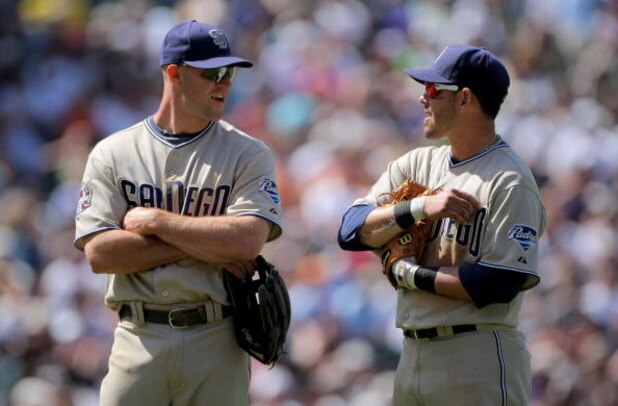 DENVER - APRIL 29:  Third baseman Kevin Kouzmanoff #5 and shortstop Luis Rodriguez #15 of the San Diego Padres await a pitching change against the Colorado Rockies during MLB action at Coors Field on April 29, 2009 in Denver, Colorado. The Rockies defeate