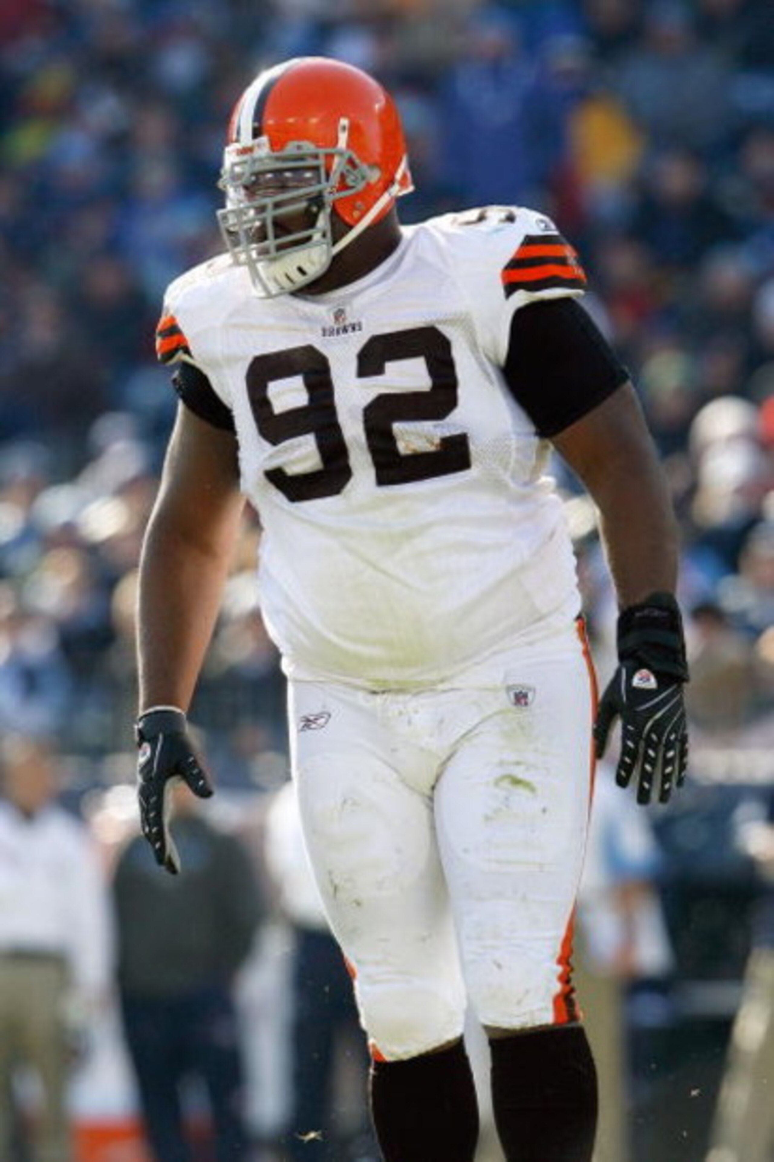 NASHVILLE, TN - DECEMBER 7:   Shaun Rogers #92 of the Cleveland Browns walks on the field during the game against the Tennessee Titans on December 7, 2008 at LP Field in Nashville, Tennessee.  (Photo by Kevin C. Cox/Getty Images)