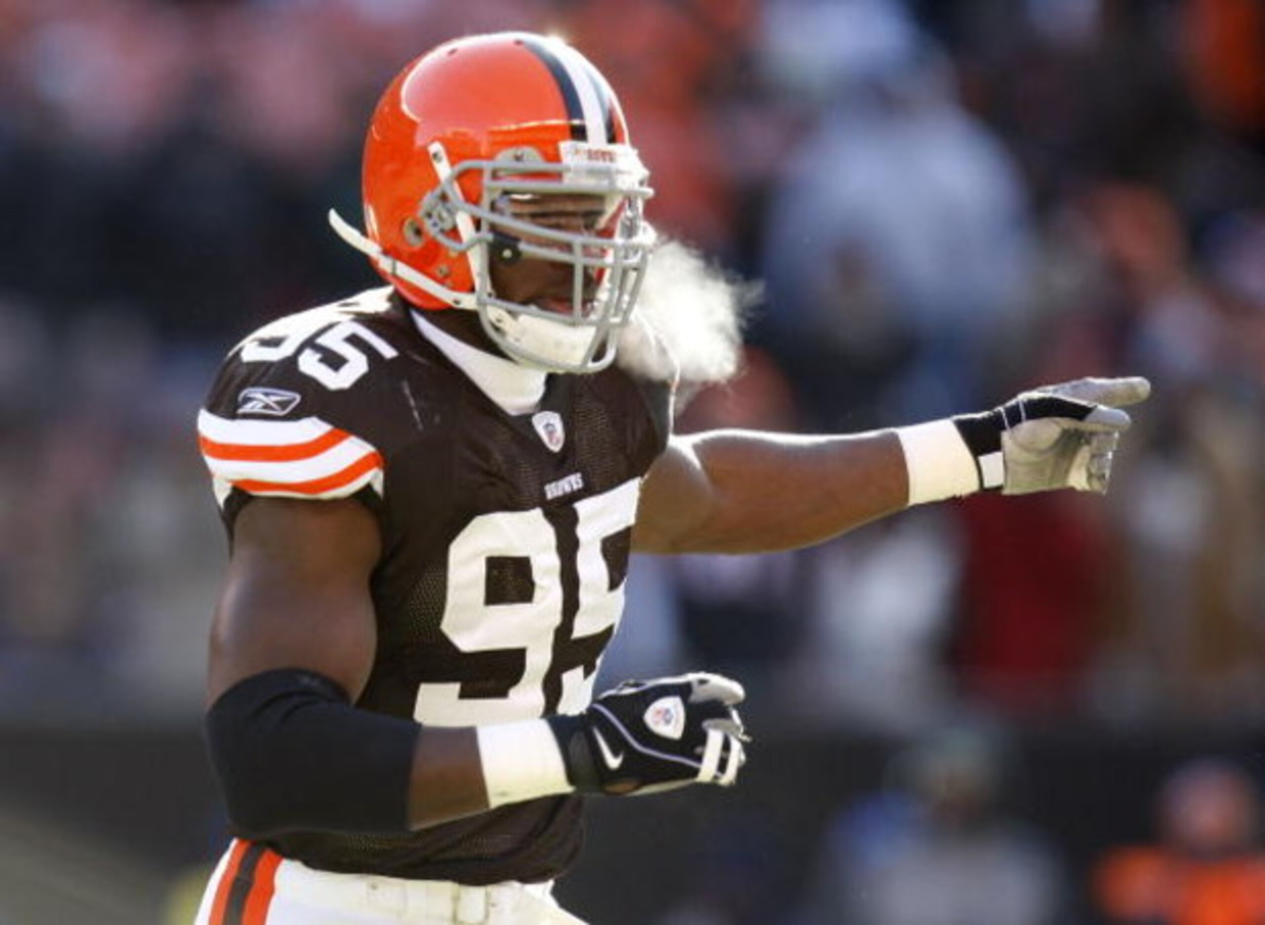 CLEVELAND - DECEMBER 21: Kamerion Wimbley #95 of the Cleveland Browns reacts after recovering a first quarter fumble by a teammate while playing the Cincinnati Bengals at Cleveland Browns Stadium December 21, 2008 in Cleveland, Ohio.  (Photo by Gregory Sh