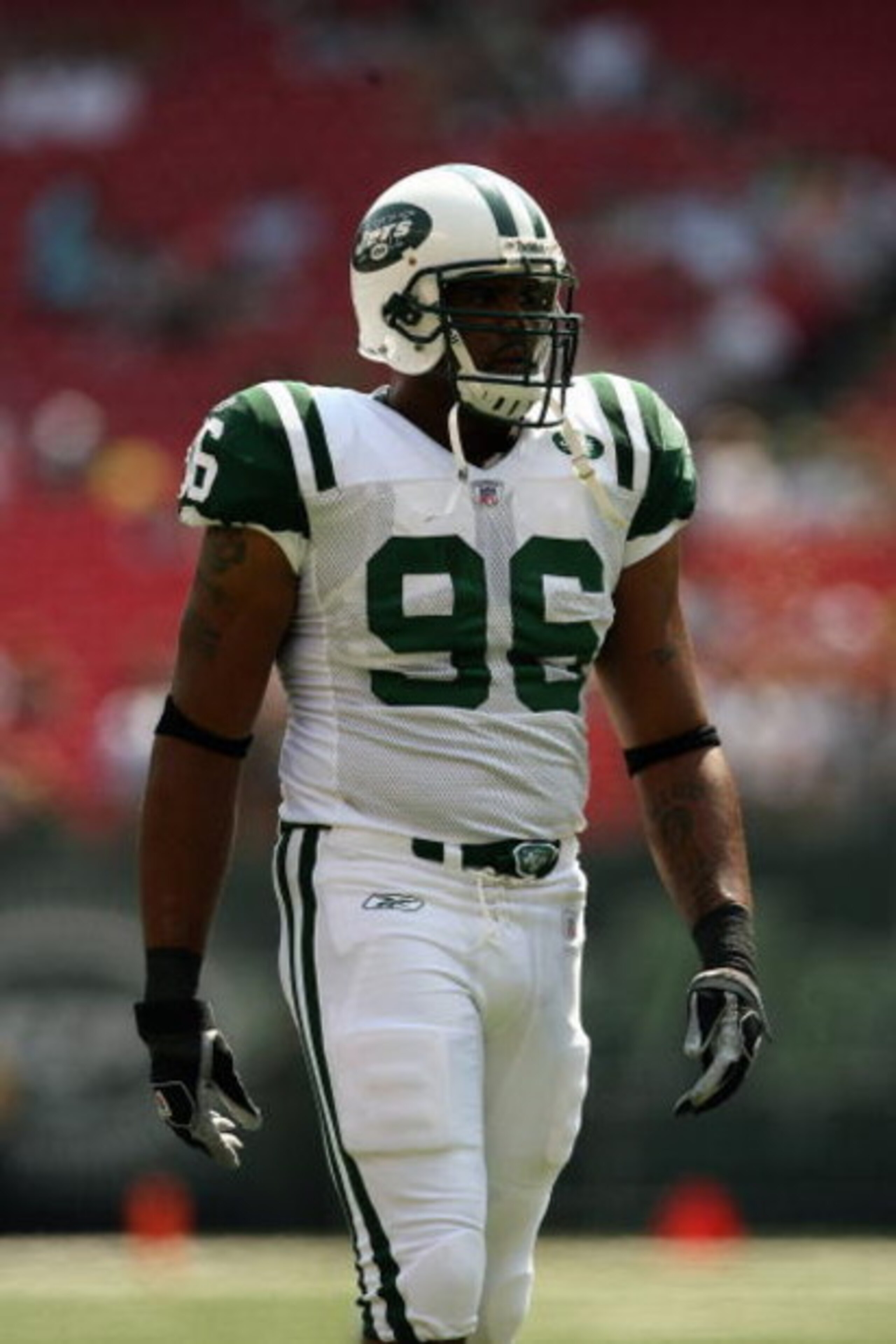 EAST RUTHERFORD, NJ - SEPTEMBER 09: David Bowens #96 of the New York Jets stands on the field against the New England Patriots during the NFL game on September 9, 2007 at Giants Stadium in East Rutherford, New Jersey. The Patriots defeated the Jets 38-14.