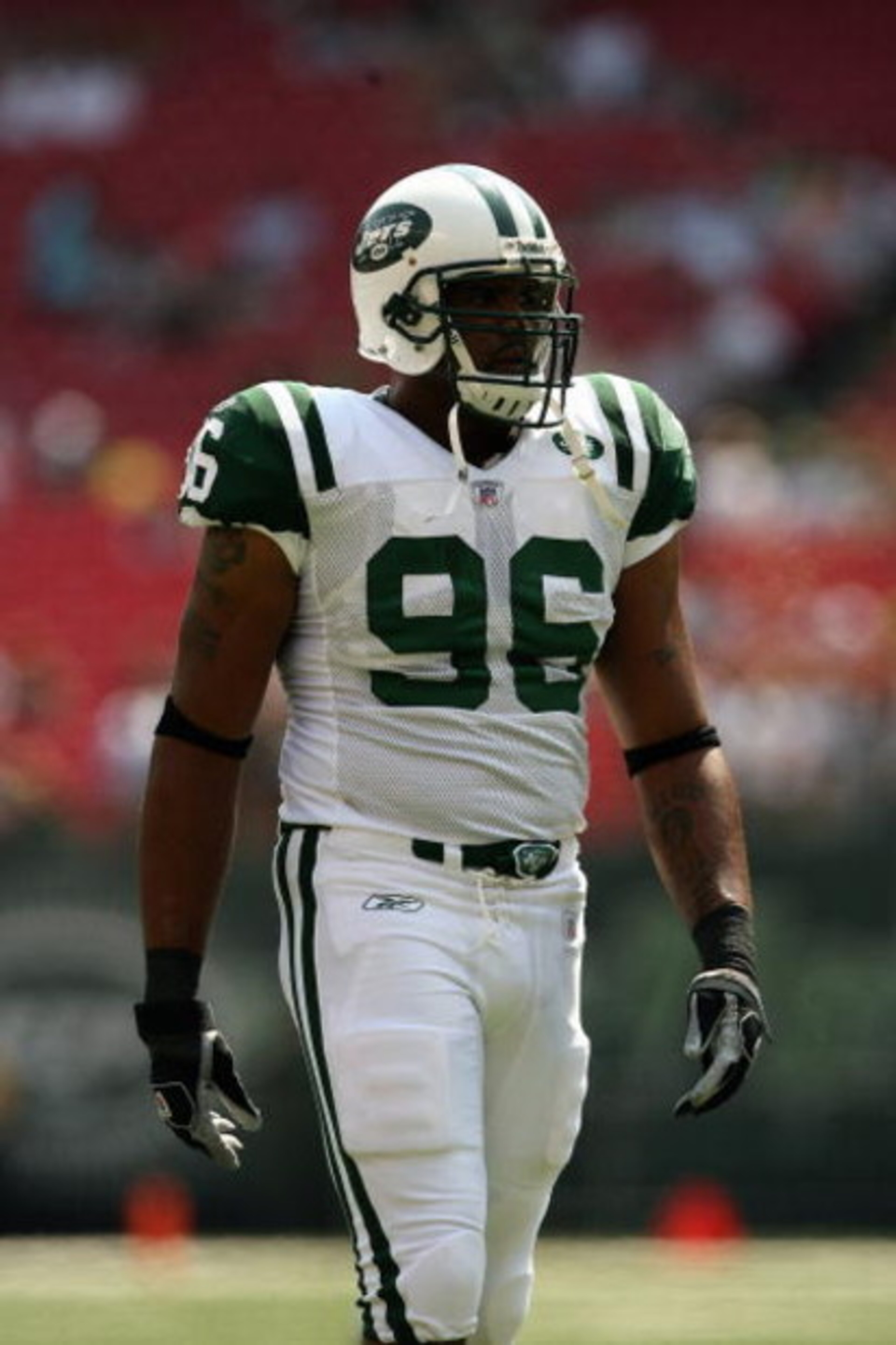 EAST RUTHERFORD, NJ - SEPTEMBER 09: David Bowens #96 of the New York Jets stands on the field against the New England Patriots during the NFL game on September 9, 2007 at Giants Stadium in East Rutherford, New Jersey. The Patriots defeated the Jets 38-14.