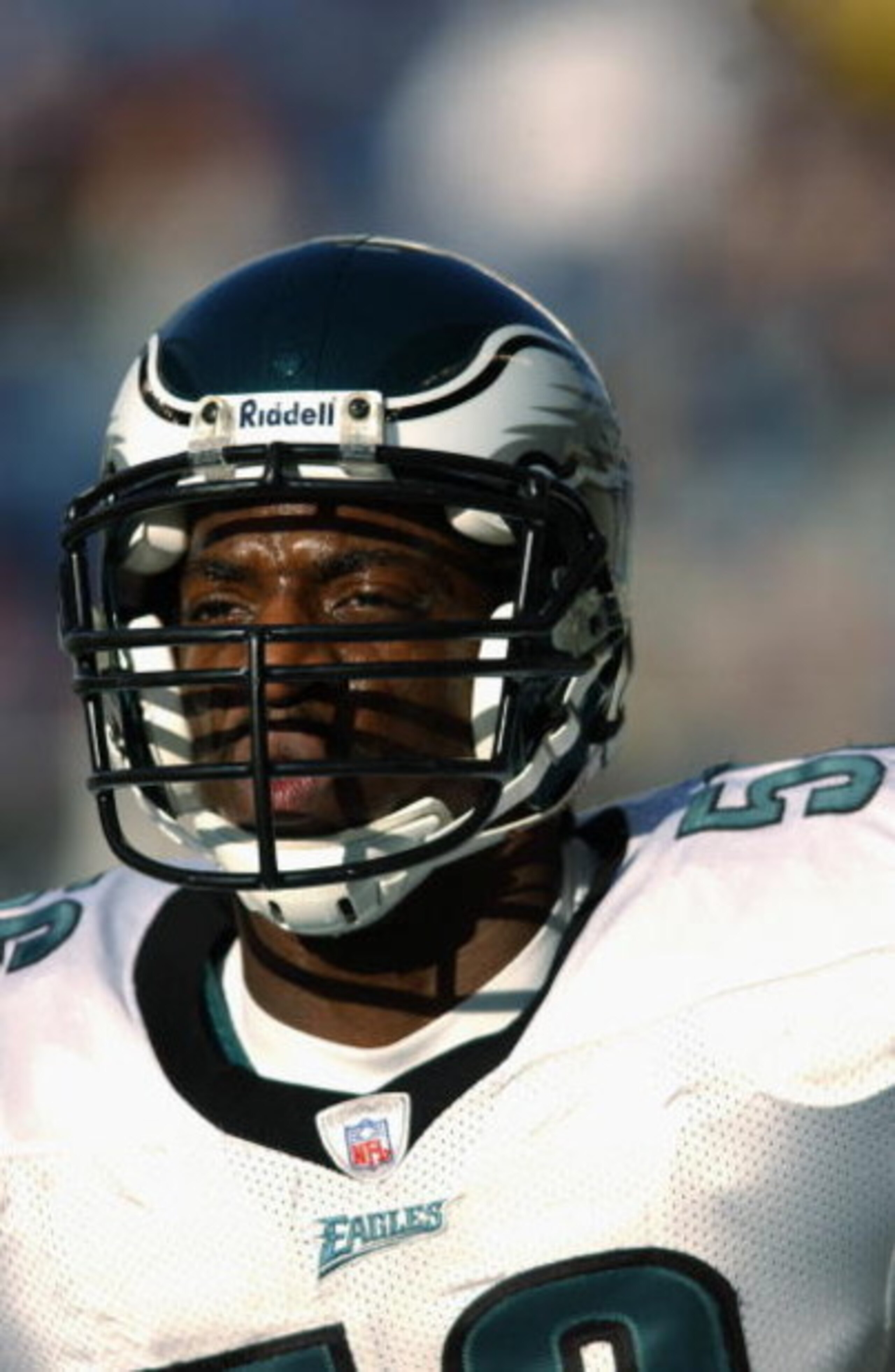 SEATTLE - DECEMBER 08:  Linebacker Shawn Barber #56 of the Philadelphia Eagles looks on against the Seattle Seahawks during their NFL game at Seahawks Stadium on December 08, 2002 in Seattle Washington.  The Eagles defeated the Seahawks 27-20.  (Photo by 