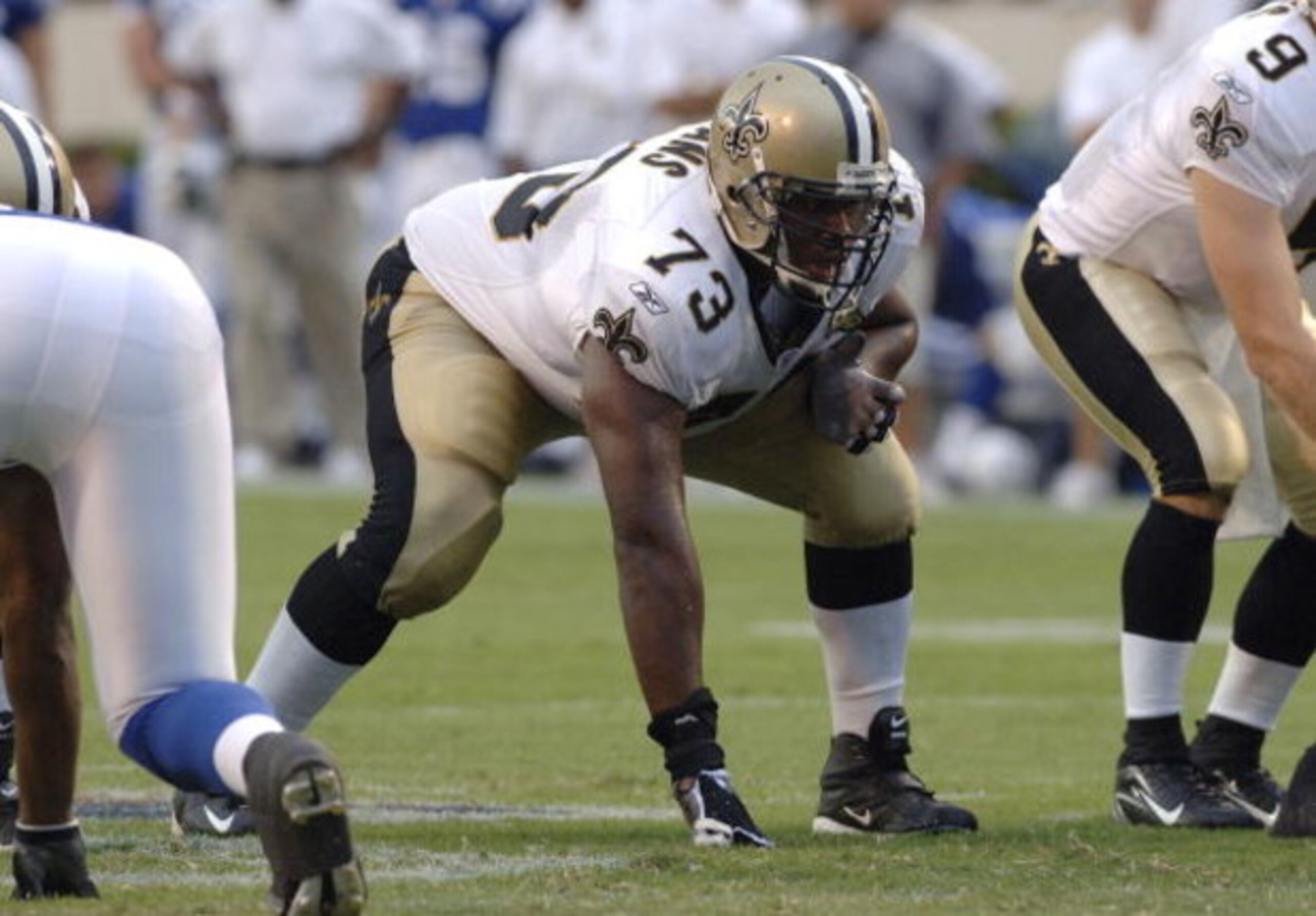 New Orleans Saints guard Jahri Evans against the Indianapolis Colts at Veterans Memorial Stadium in Jackson, Mississippi on August 26, 2006. The Colts won 27-14.  (Photo by Al Messerschmidt/Getty Images)