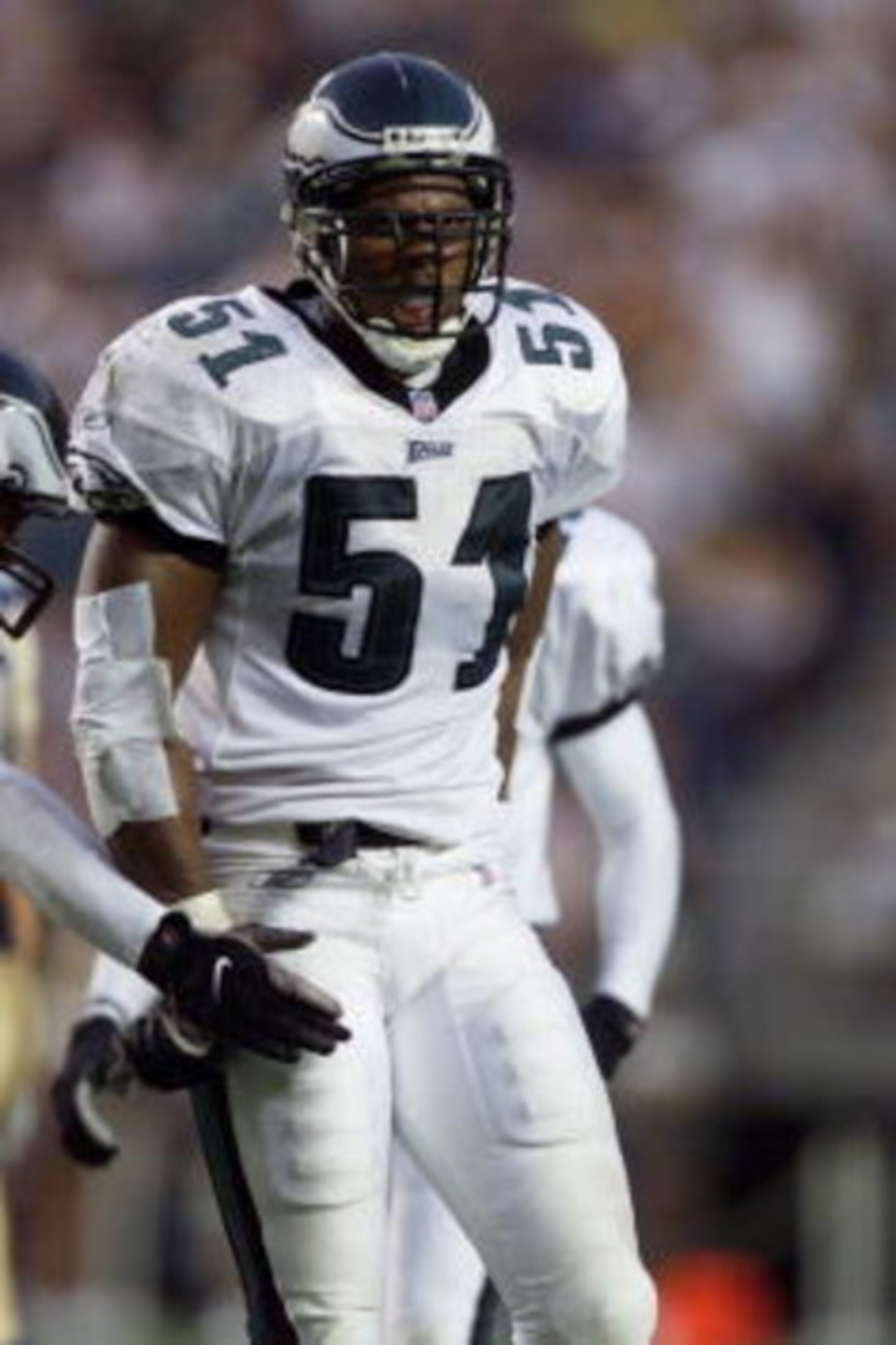 9 SEP 01: Carlos Emmons #51 of the Philadelphia Eagles looks on during the game against the St. Louis Rams at Veterans Stadium in Philadelphia, Pennsylvania. DIGITAL IMAGE.