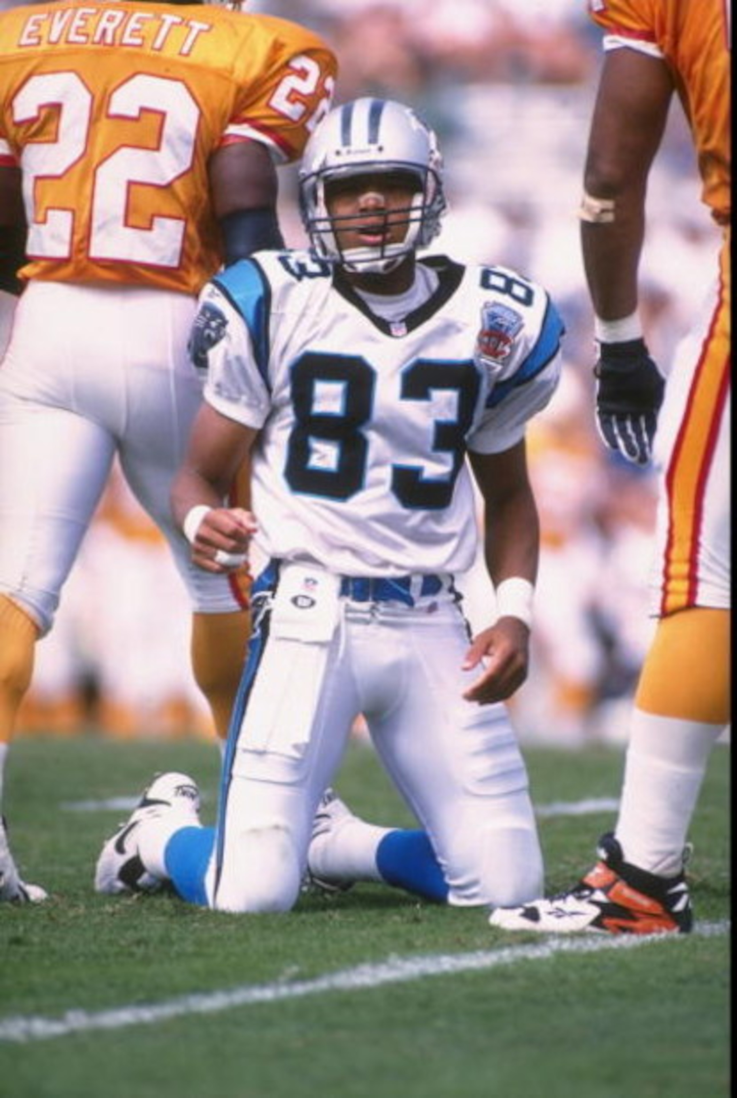 1 Oct 1995:  Wide receiver Mark Carrier #83 of the Carolina Panthers looks to the sideline from his knees after being knocked to the ground during an unsuccessfull  pass play in the Panthers 20-13 loss to the Tampa Bay Buccaneers at Memorial Stadium in Cl