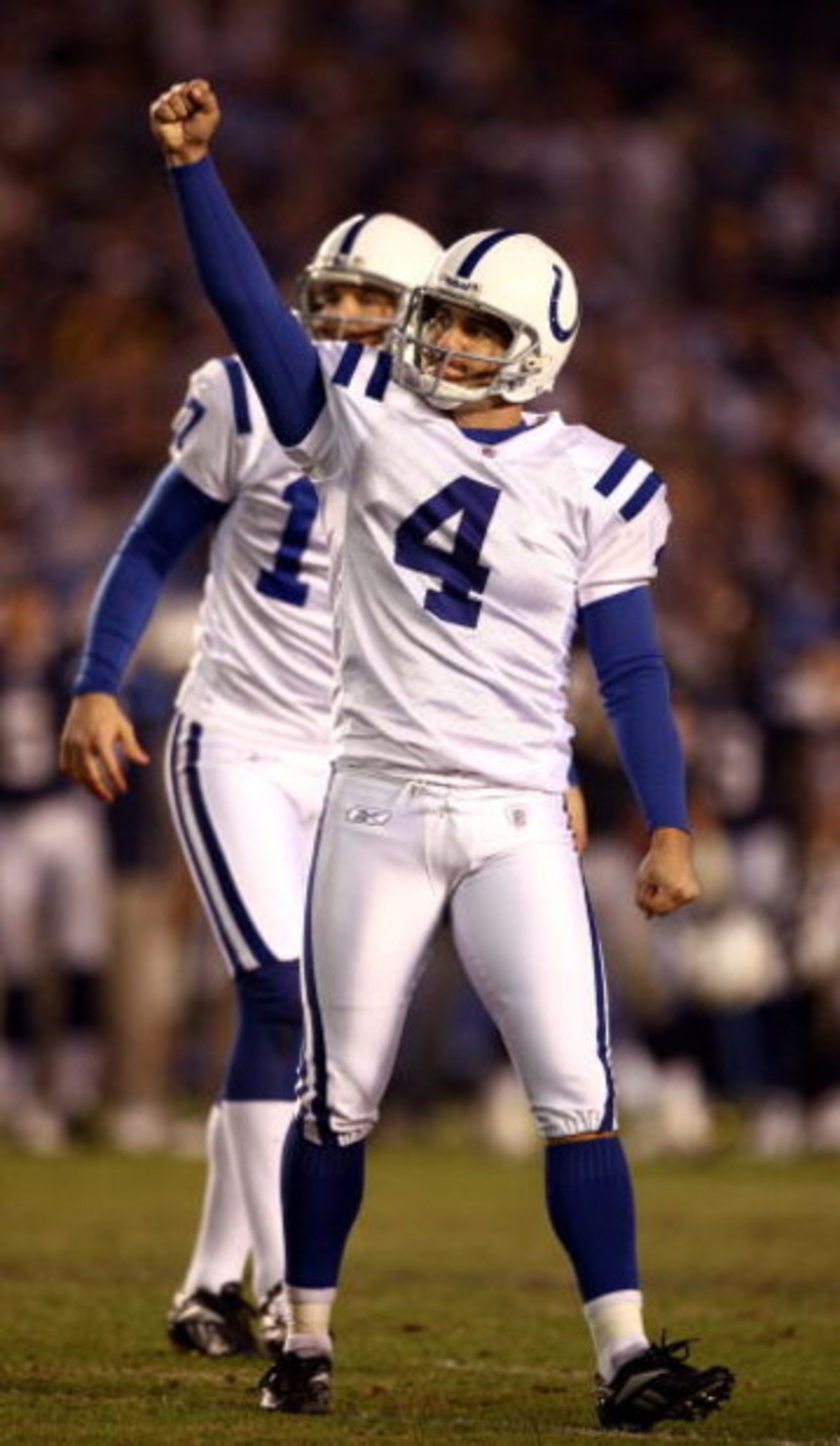 SAN DIEGO, CA - NOVEMBER 23:  Kicker Adam Vinatieri #4 of the Indianapolis Colts kicks the game winning 51-yard field goal with 2 seconds left in regulation during the Colt's 23-20 win over the Chargers in their NFL Game at Qualcomm Stadium  on November 2