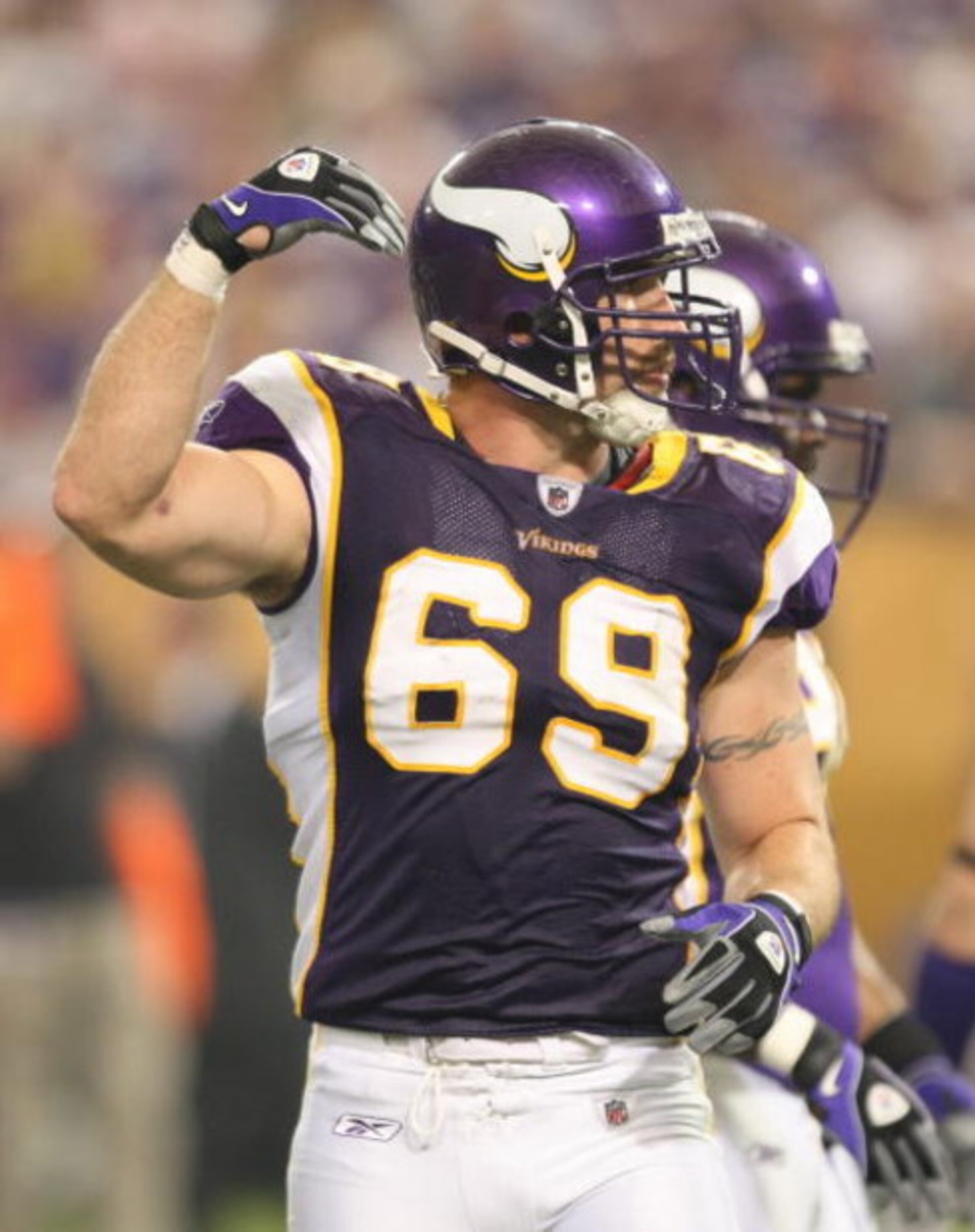 MINNEAPOLIS - SEPTEMBER 21:  Jared Allen #69 of the Minnesota Vikings gestures against the Carolina Panthers during their NFL game at the Hubert H. Humphrey Metrodome on September 21, 2008 in Minneapolis, Minnesota. The Vikings defeated the Panthers 20-10