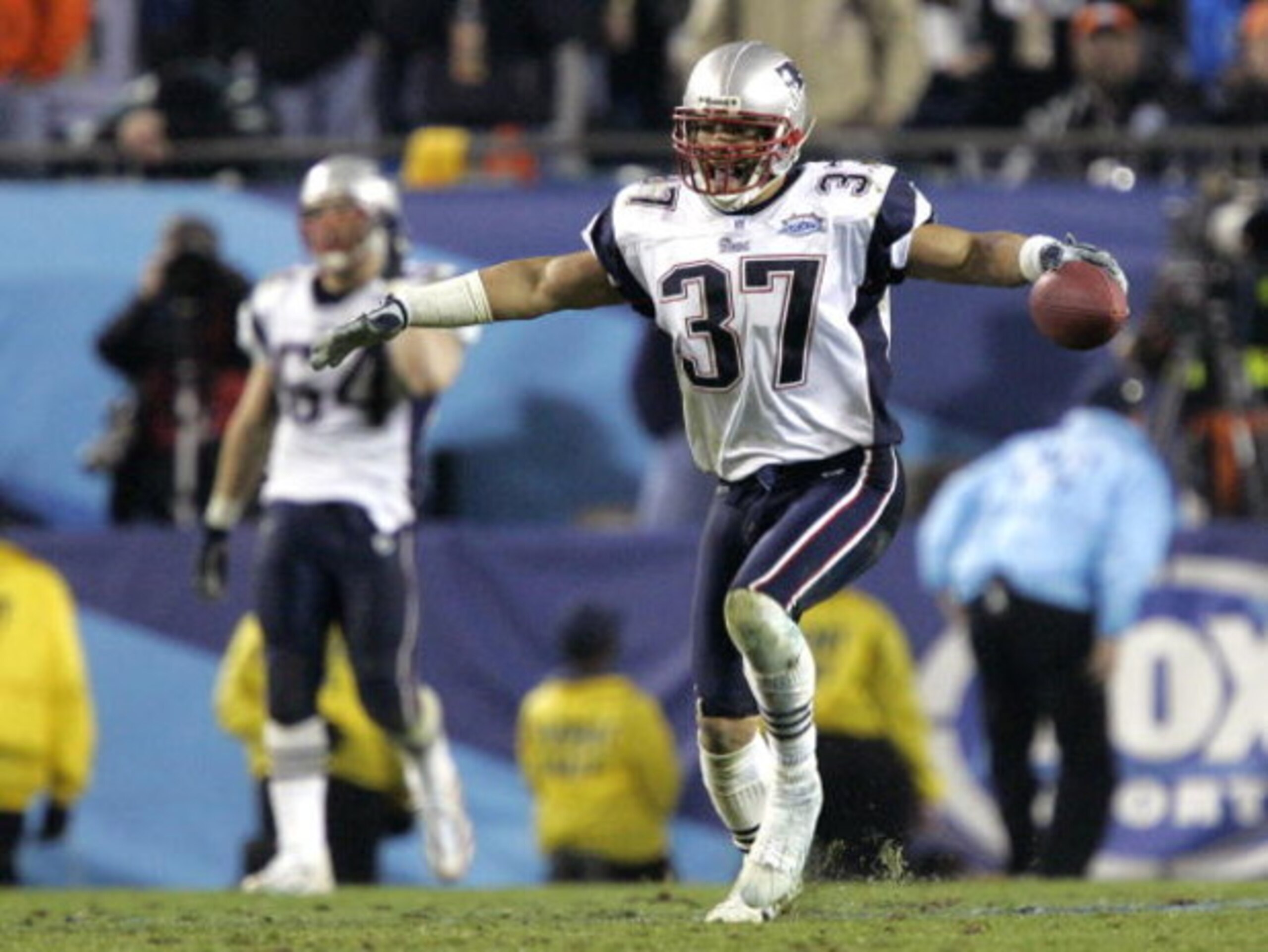 JACKSONVILLE, FL - FEBRUARY 06:  Rodney Harrison #37 of the New England Patriots celebrates after defeating the Philadelphia Eagles in Super Bowl XXXIX at Alltel Stadium on February 6, 2005 in Jacksonville, Florida.  The Patriots defeated the Eagles 24-21