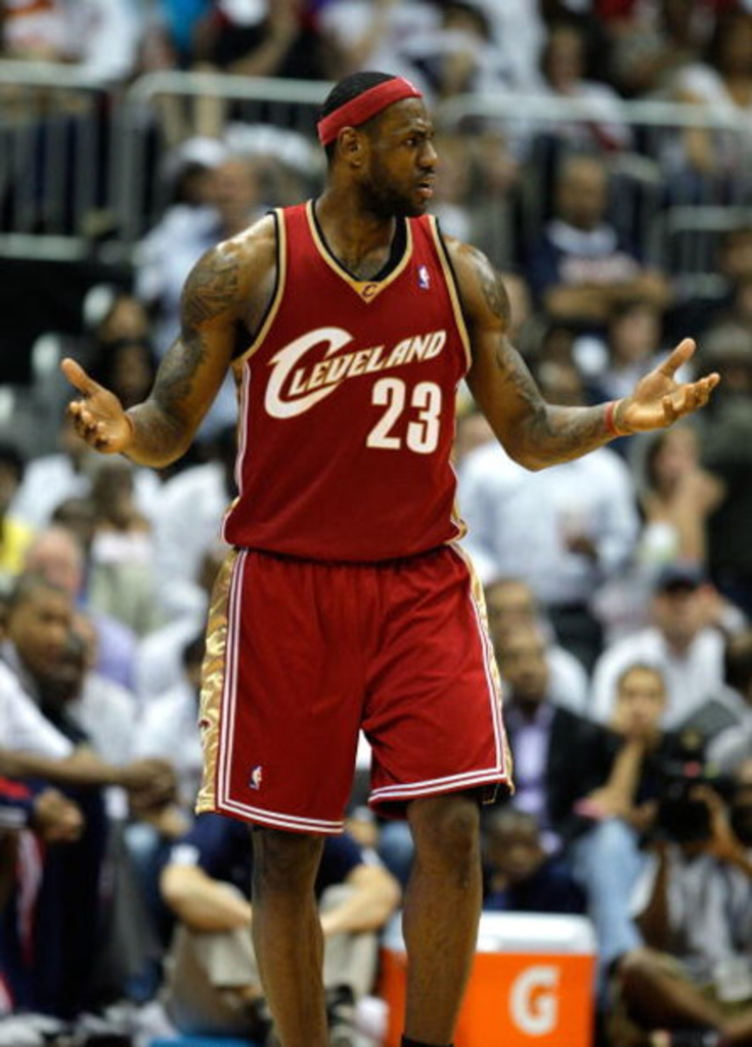 ATLANTA - MAY 11:  LeBron James #23 of the Cleveland Cavaliers reacts to a call in action against the Atlanta Hawks during Game Four of the Eastern Conference Semifinals during the 2009 NBA Playoffs at Philips Arena on May 11, 2009 in Atlanta, Georgia.  N
