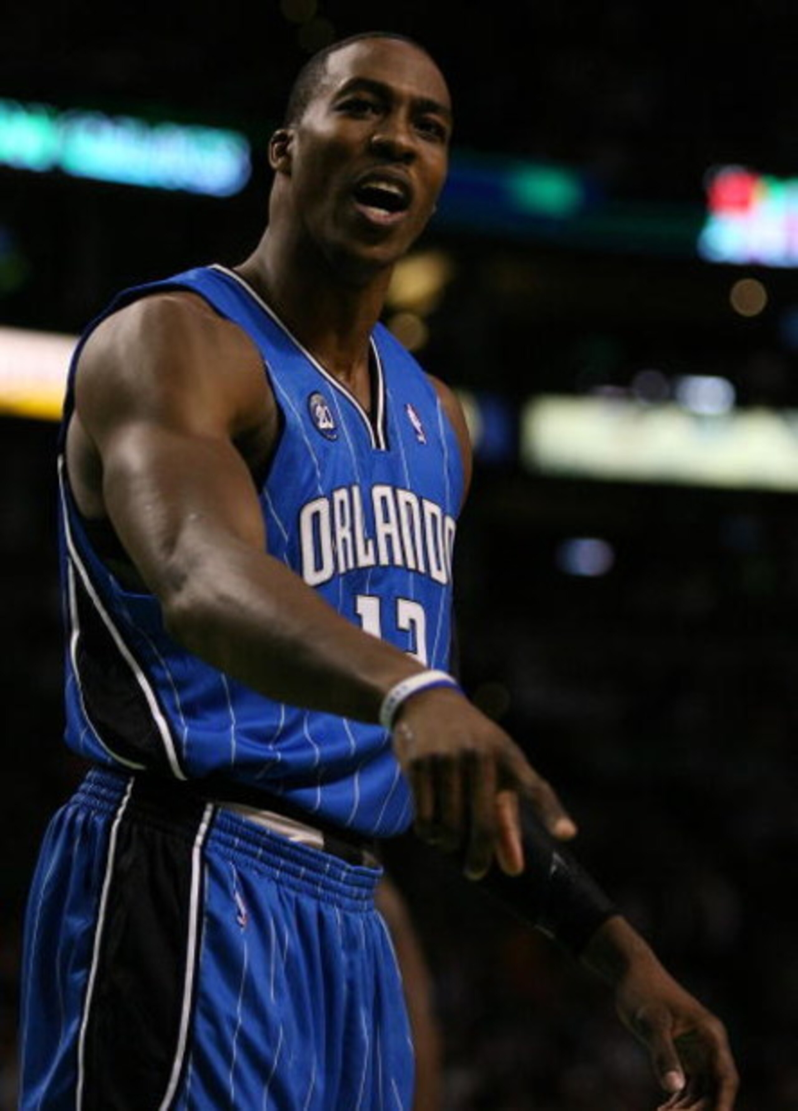 BOSTON - MAY 12:  Dwight Howard #12 of the Orlando Magic reacts after he is called for a foul in the second half against the Boston Celtics in Game Five of the Eastern Conference Semifinals during the 2009 NBA Playoffs at TD Banknorth Garden May 12, 2009 