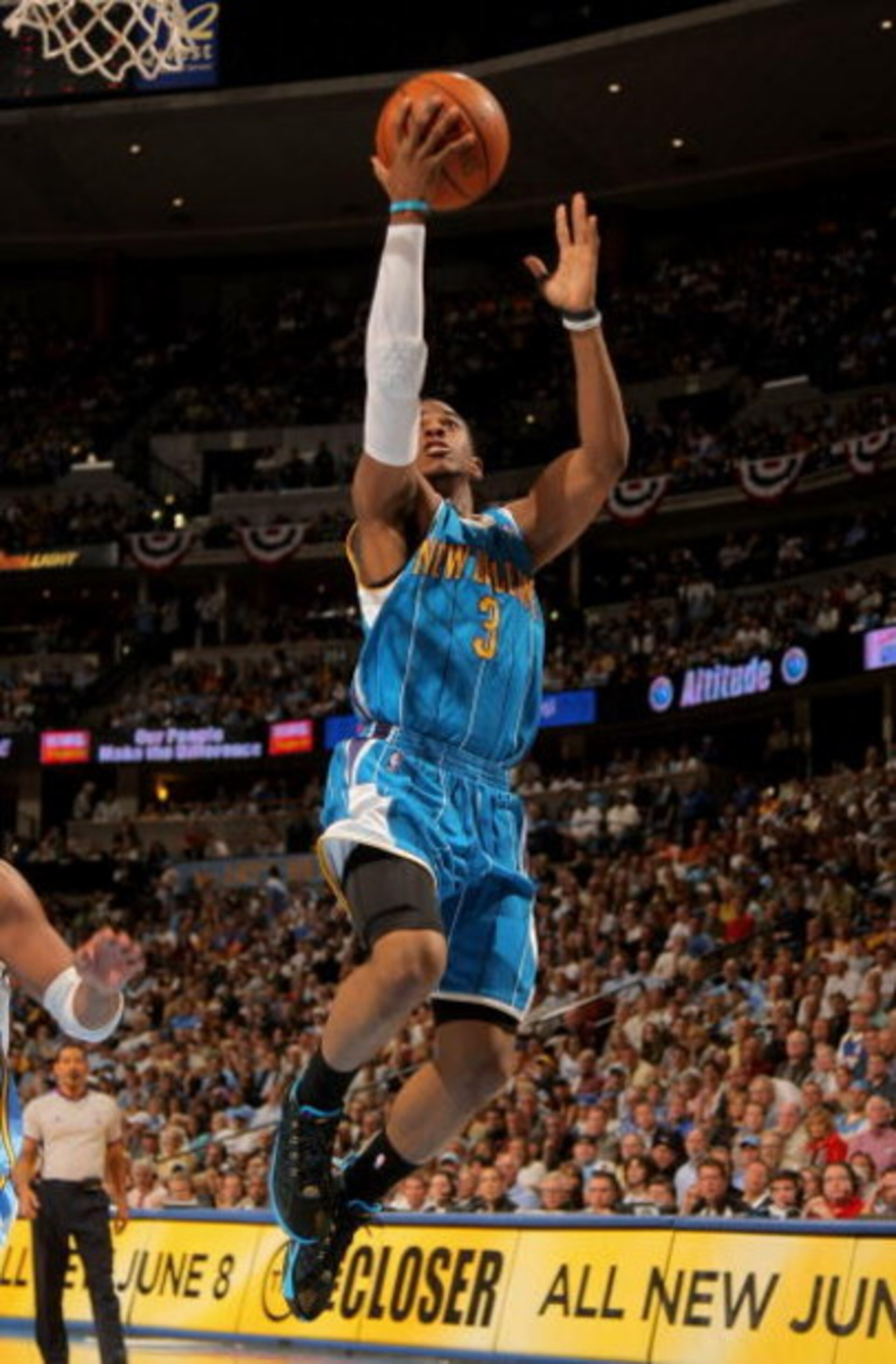 DENVER - APRIL 29:  Chris Paul #3 of the New Orleans Hornets takes a shot against the Denver Nuggets in Game Five of the Western Conference Quarterfinals during the 2009 NBA Playoffs at Pepsi Center on April 29, 2009 in Denver, Colorado. The Nuggets defea