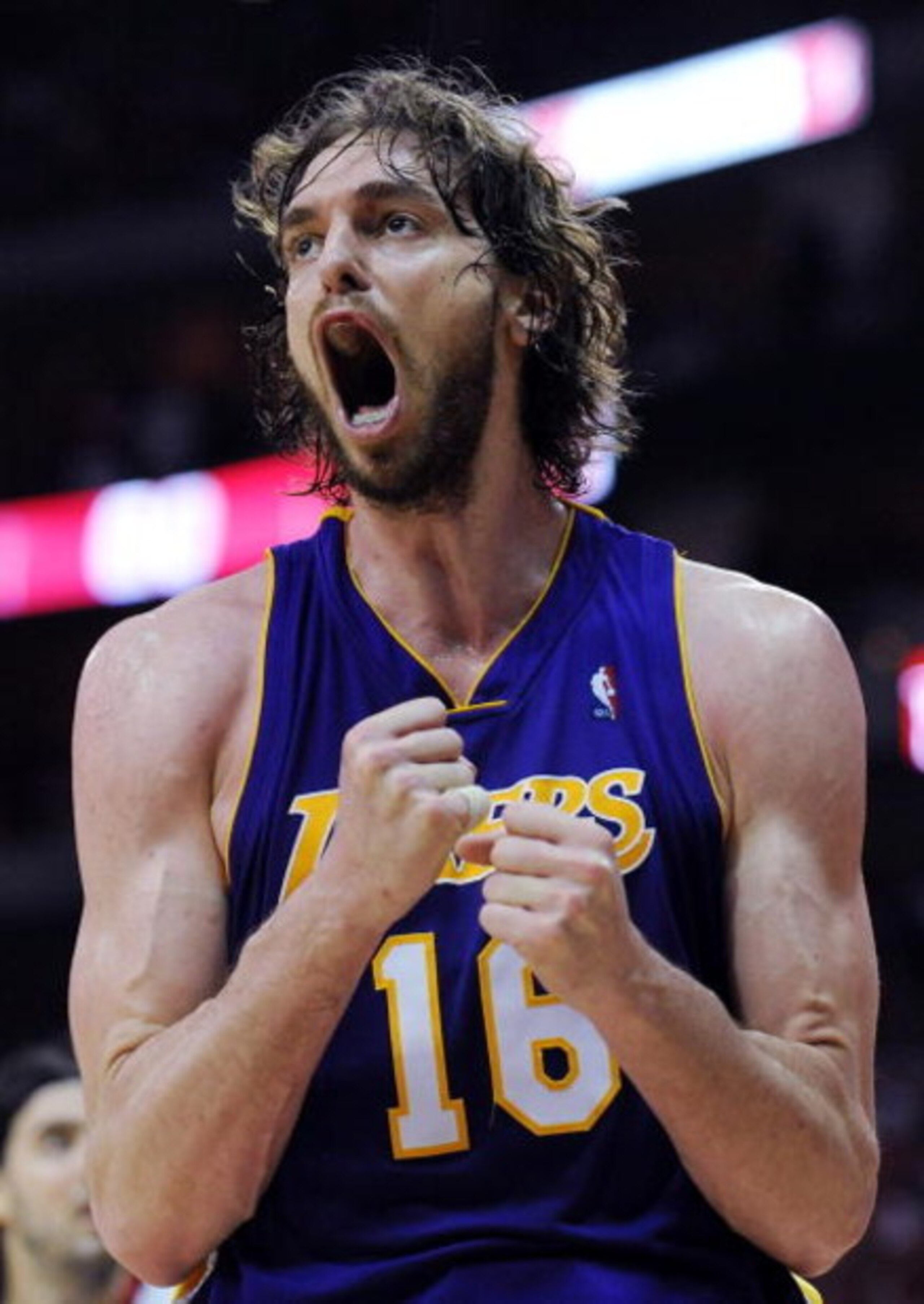 HOUSTON - MAY 08:  Forward Pau Gasol #16 of the Los Angeles Lakers reacts after fouling Yao Ming #11 of the Houston Rockets in Game Three of the Western Conference Semifinals during the 2009 NBA Playoffs at Toyota Center on May 8, 2009 in Houston, Texas. 