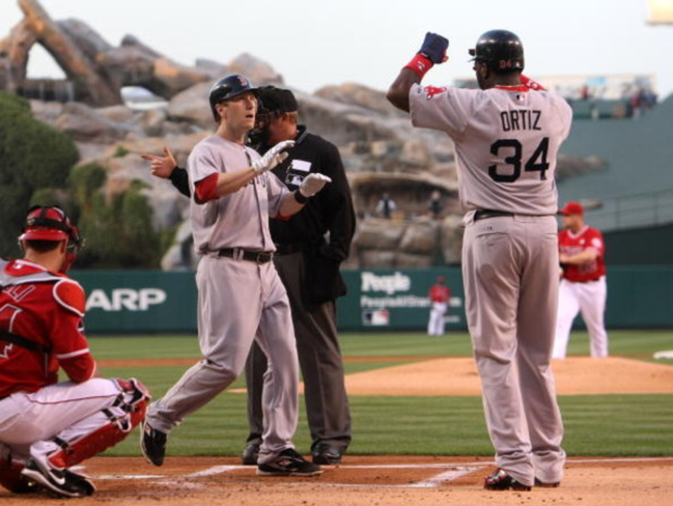 ANAHEIM, CA - MAY 13: Jason Bay #44 of the Boston Red Sox is greeted at home by David Ortiz #34 after Bay's two run home run in the first inning against the Los Angeles Angels of Anaheim on May 13, 2009 at Angel Stadium in Anaheim, California. (Photo by ANAHEIM, CA - MAY 13: Jason Bay #44 of the Boston Red Sox is greeted at home by David Ortiz #34 after Bay's two run home run in the first inning against the Los Angeles Angels of Anaheim on May 13, 2009 at Angel Stadium in Anaheim, California. (Photo by