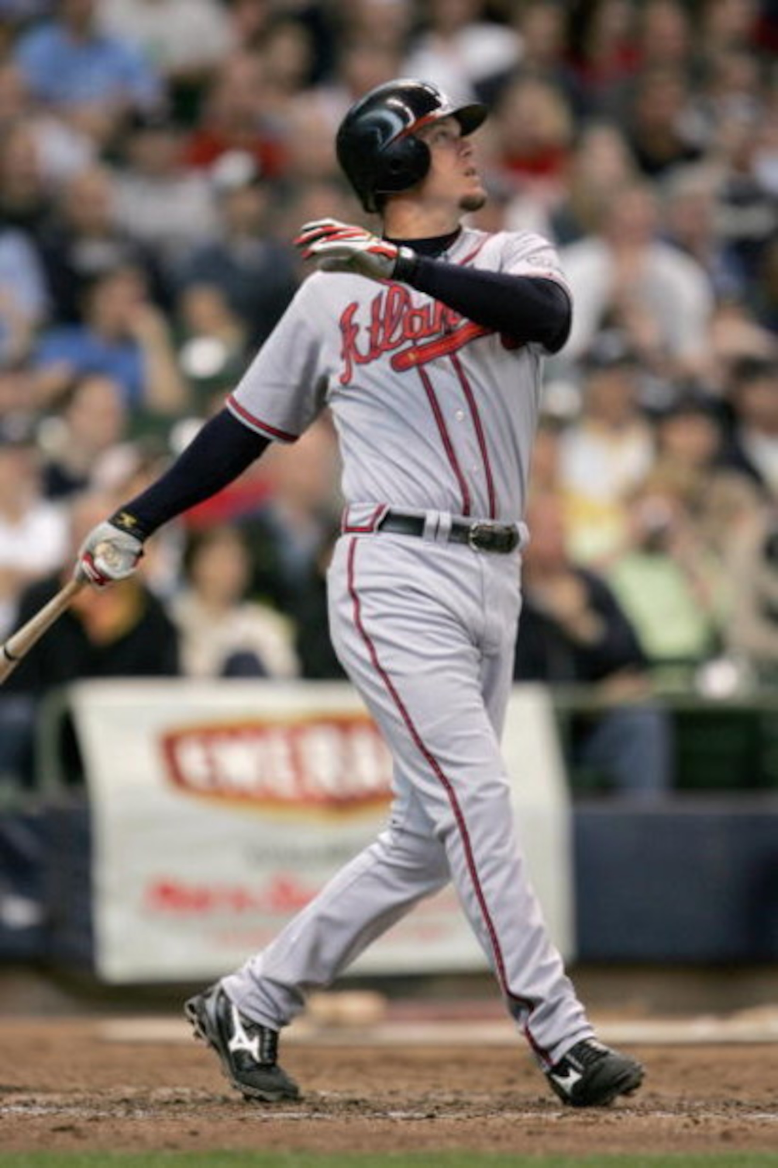 MILWAUKEE - MAY 29: Chipper Jones #10 of the Atlanta Braves follows his pop-fly during the game against the Milwaukee Brewers on May 29, 2008 at Miller Park in Milwaukee, Wisconsin. The Braves defeated the Brewers 8-1. (Photo by Jonathan Daniel/Getty Ima MILWAUKEE - MAY 29: Chipper Jones #10 of the Atlanta Braves follows his pop-fly during the game against the Milwaukee Brewers on May 29, 2008 at Miller Park in Milwaukee, Wisconsin. The Braves defeated the Brewers 8-1. (Photo by Jonathan Daniel/Getty Ima