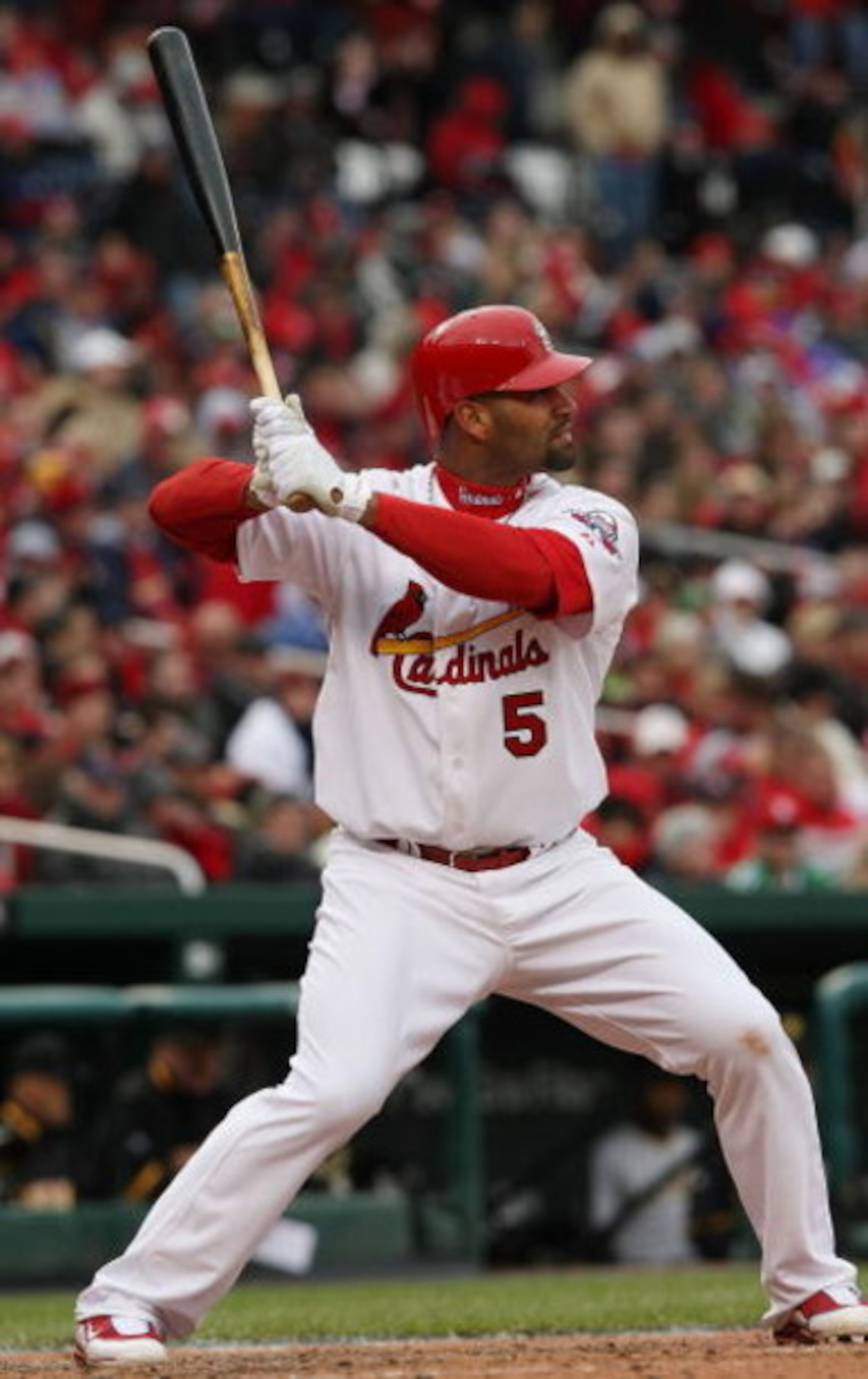 ST. LOUIS - APRIL 06: : : Albert Pujols #5 of the St. Louis Cardinals takes a swing against the Pittsburgh Pirates during Opening Day on April 6, 2009 at Busch Stadium in St. Louis, Missouri. The Pittsburgh Pirates defeated the St. Louis Cardinals 6-4 ST. LOUIS - APRIL 06: : : Albert Pujols #5 of the St. Louis Cardinals takes a swing against the Pittsburgh Pirates during Opening Day on April 6, 2009 at Busch Stadium in St. Louis, Missouri. The Pittsburgh Pirates defeated the St. Louis Cardinals 6-4