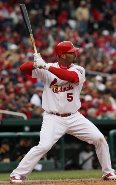 ST. LOUIS - APRIL 06:  :  :  Albert Pujols #5 of the St. Louis Cardinals takes a swing against the Pittsburgh Pirates during Opening Day on April 6, 2009  at Busch Stadium in St. Louis, Missouri. The Pittsburgh Pirates defeated the St. Louis Cardinals 6-4