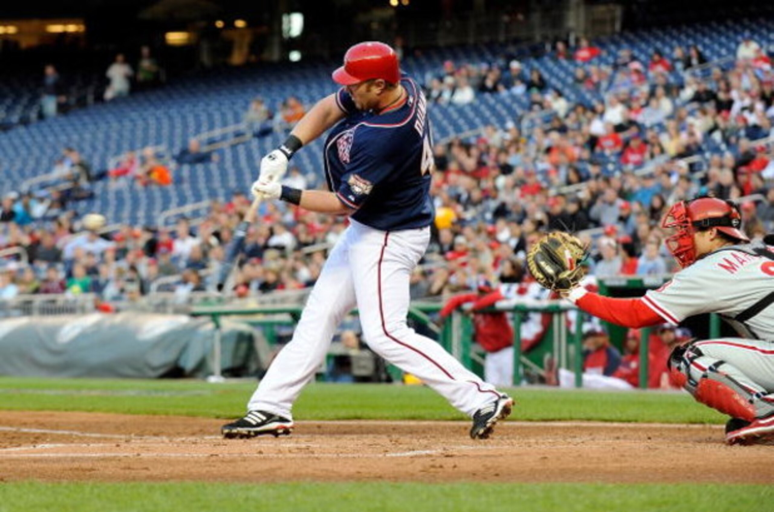 WASHINGTON - APRIL 16: Adam Dunn #44 of the Washington Nationals hits a home run in the first inning against the Philadelphia Phillies at Nationals Park on April 16, 2009 in Washington, DC. (Photo by Greg Fiume/Getty Images) WASHINGTON - APRIL 16: Adam Dunn #44 of the Washington Nationals hits a home run in the first inning against the Philadelphia Phillies at Nationals Park on April 16, 2009 in Washington, DC. (Photo by Greg Fiume/Getty Images)
