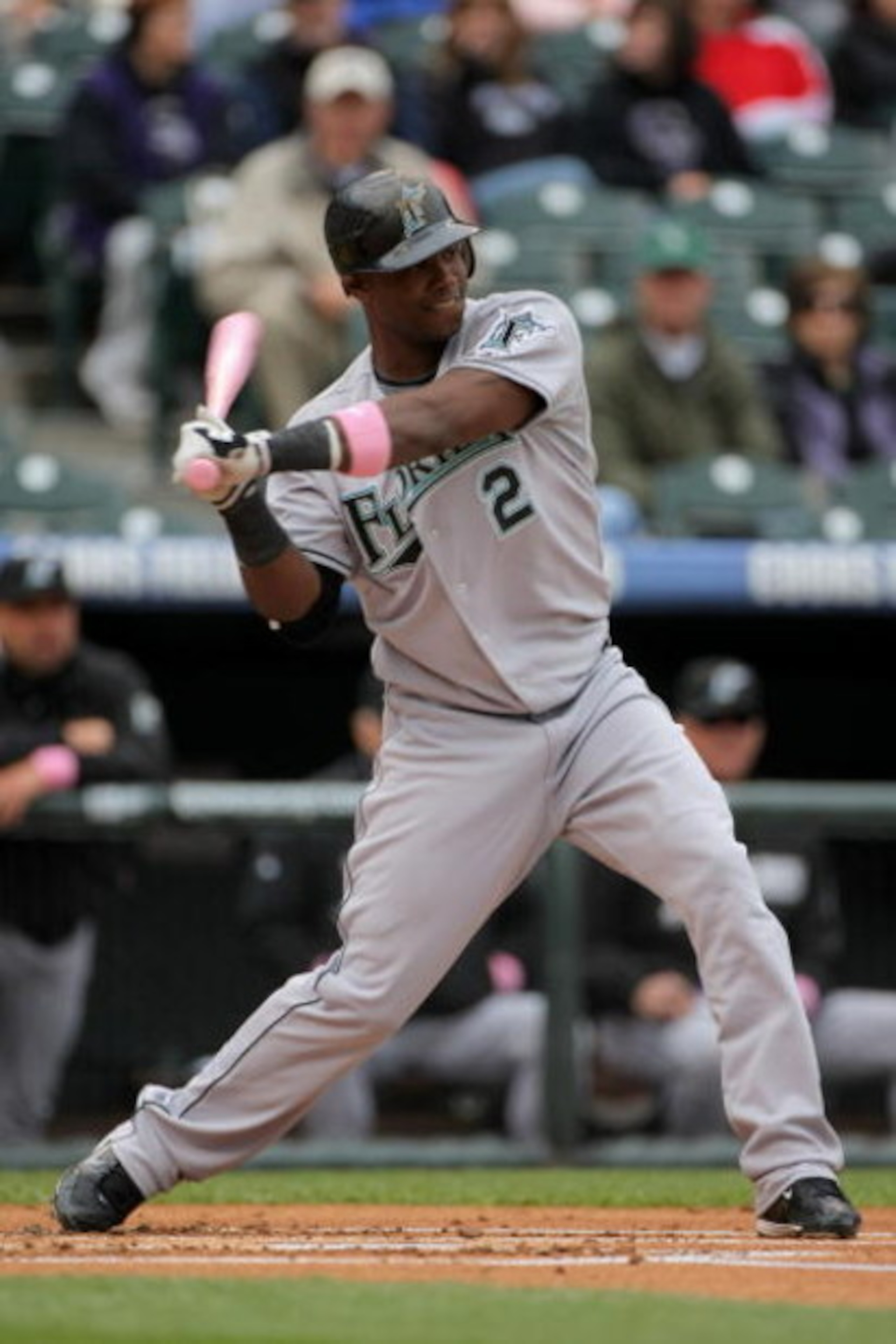 DENVER - MAY 10: Hanley Ramirez #2 of the Florida Marlins takes an at bat against the Colorado Rockies during MLB action at Coors Field on May 10, 2009 in Denver, Colorado. Ramirez went two for four as he was one of many players using pink bats in Major DENVER - MAY 10: Hanley Ramirez #2 of the Florida Marlins takes an at bat against the Colorado Rockies during MLB action at Coors Field on May 10, 2009 in Denver, Colorado. Ramirez went two for four as he was one of many players using pink bats in Major
