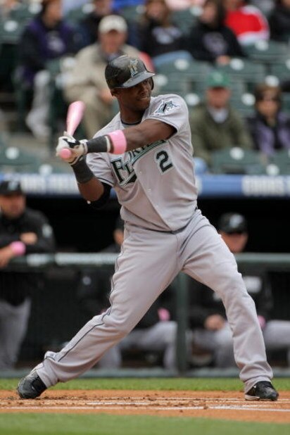 DENVER - MAY 10:  Hanley Ramirez #2 of the Florida Marlins takes an at bat against the Colorado Rockies during MLB action at Coors Field on May 10, 2009 in Denver, Colorado. Ramirez went two for four as he was one of many players using pink bats in Major 