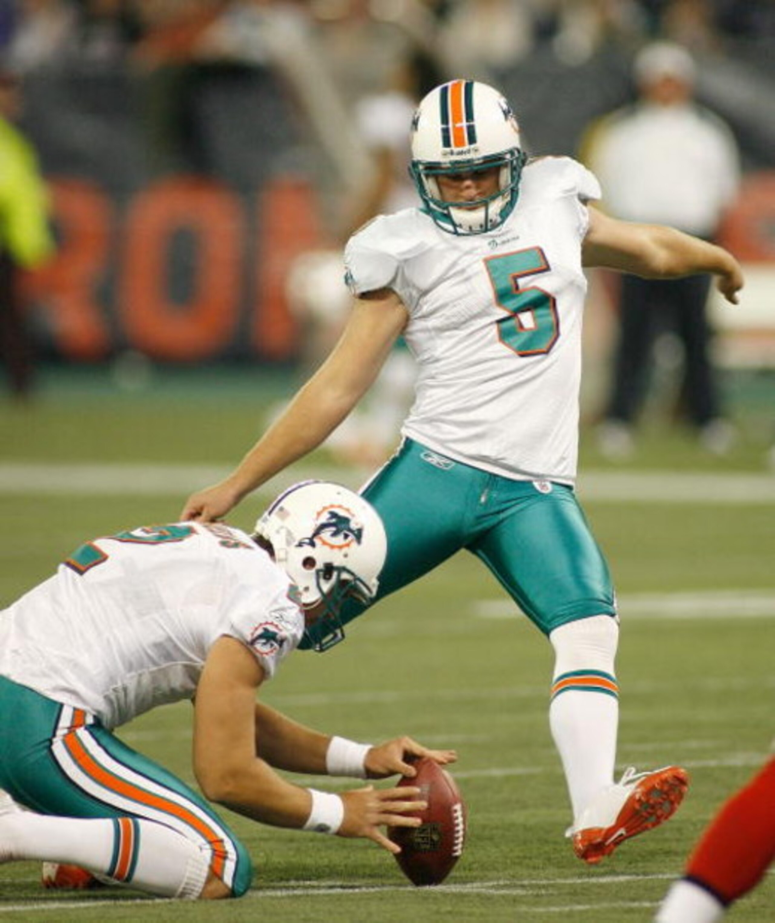 TORONTO, ON - DECEMBER 07: Dan Carpenter #5 of the Miami Dolphins kicks one of his three fieldgoals against the Buffalo Bills  on December 7, 2008  at Rogers Centre in Toronto, Ontario, Canada. The Dolphins won 16-3.  (Photo by Rick Stewart/Getty Images)