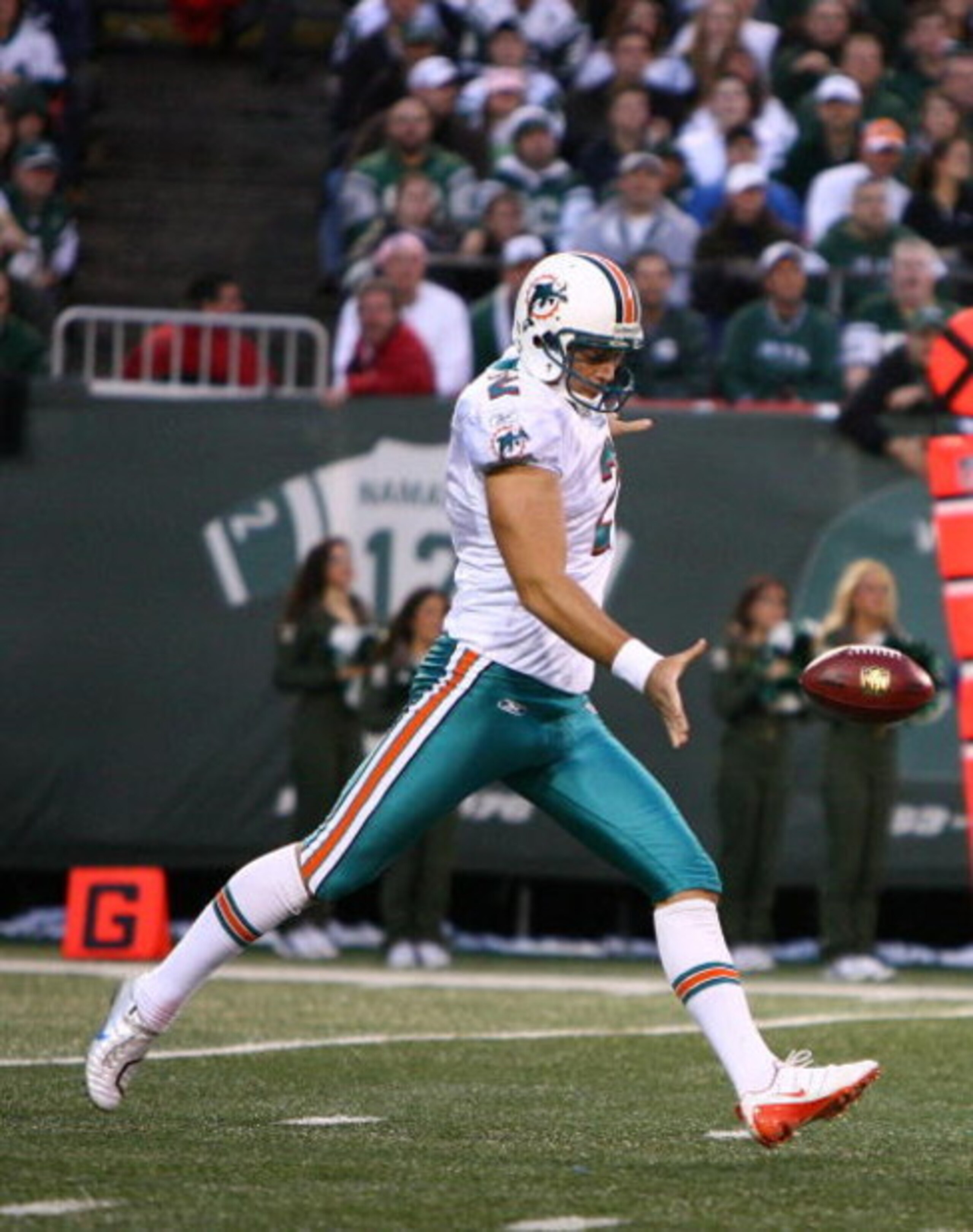 EAST RUTHERFORD, NJ - DECEMBER 28:  Brandon Fields #2 of The Miami Dolphins punts the ball against The New York Jets during their game on December 28, 2008 at Giants Stadium in East Rutherford, New Jersey.  (Photo by Al Bello/Getty Images)