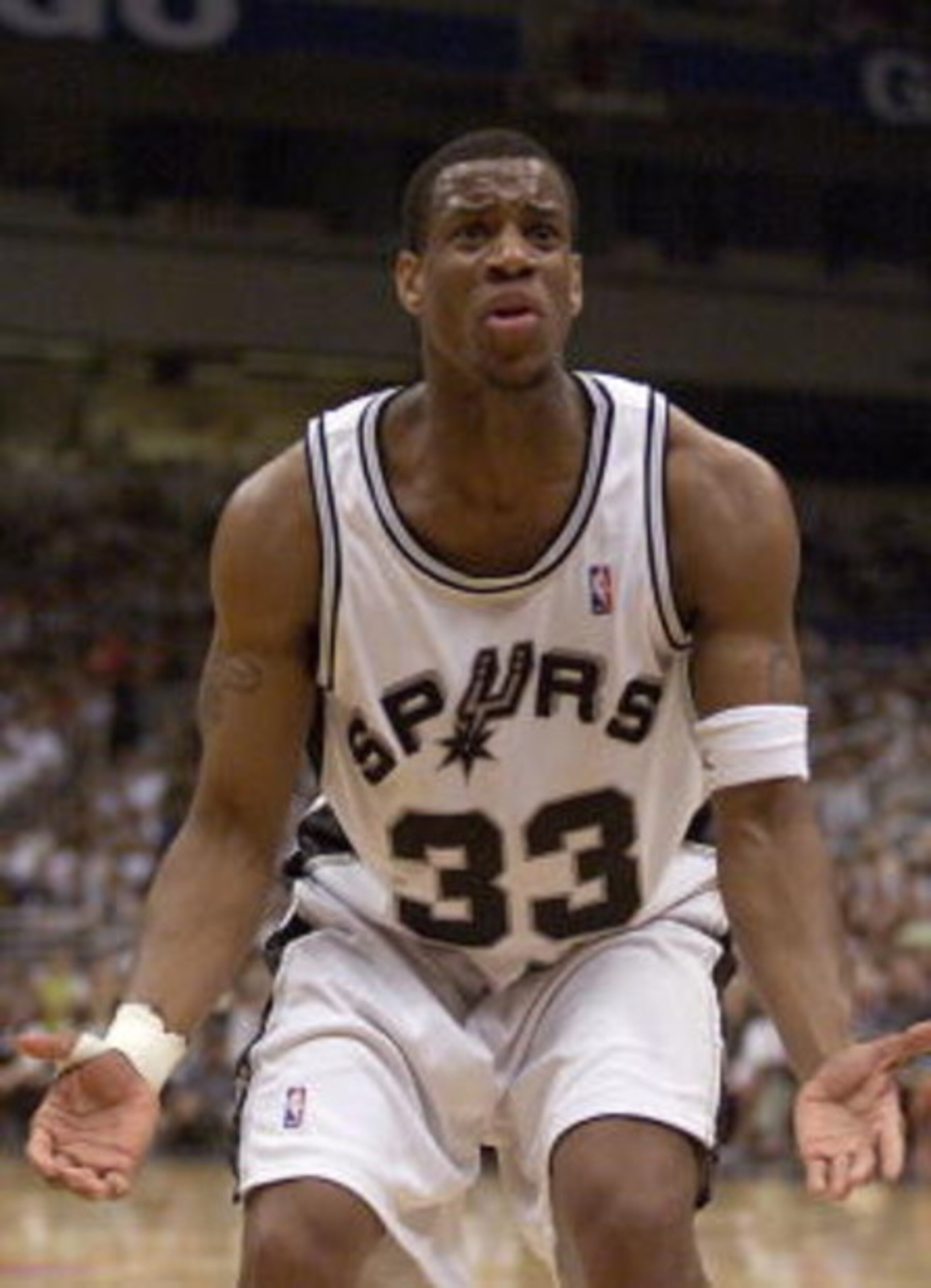 19 May 2001: Antonio Daniels #33 of the San Antonio Spurs reacts to a call during game one of the Western Conference Finals against the Los Angeles Lakers at the Alamo Dome in San Antonio, Texas. The Lakers beat the Spurs 104-90. DIGITAL IMAGE Mandator 19 May 2001: Antonio Daniels #33 of the San Antonio Spurs reacts to a call during game one of the Western Conference Finals against the Los Angeles Lakers at the Alamo Dome in San Antonio, Texas. The Lakers beat the Spurs 104-90. DIGITAL IMAGE Mandator