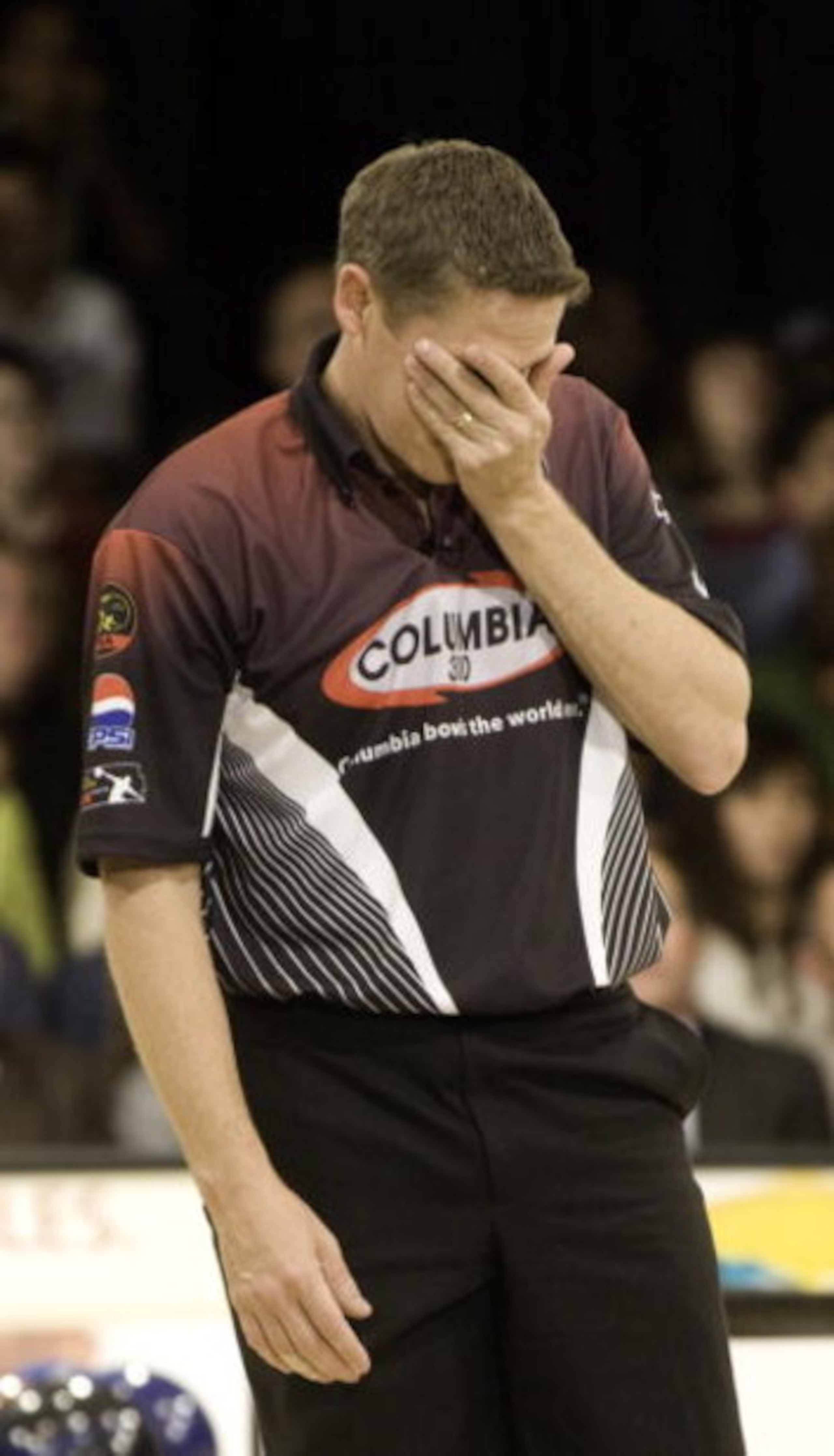 WICHITA, KS - OCTOBER 26: Chris Barnes covers his eyes after seeing his roll against Norm Duke in the finals of the PBA World Championships held at the Northrock Lanes on October 26, 2008 in Wichita, Kansas. (Photo by Craig Hacker/Getty Images for PBA) WICHITA, KS - OCTOBER 26: Chris Barnes covers his eyes after seeing his roll against Norm Duke in the finals of the PBA World Championships held at the Northrock Lanes on October 26, 2008 in Wichita, Kansas. (Photo by Craig Hacker/Getty Images for PBA)