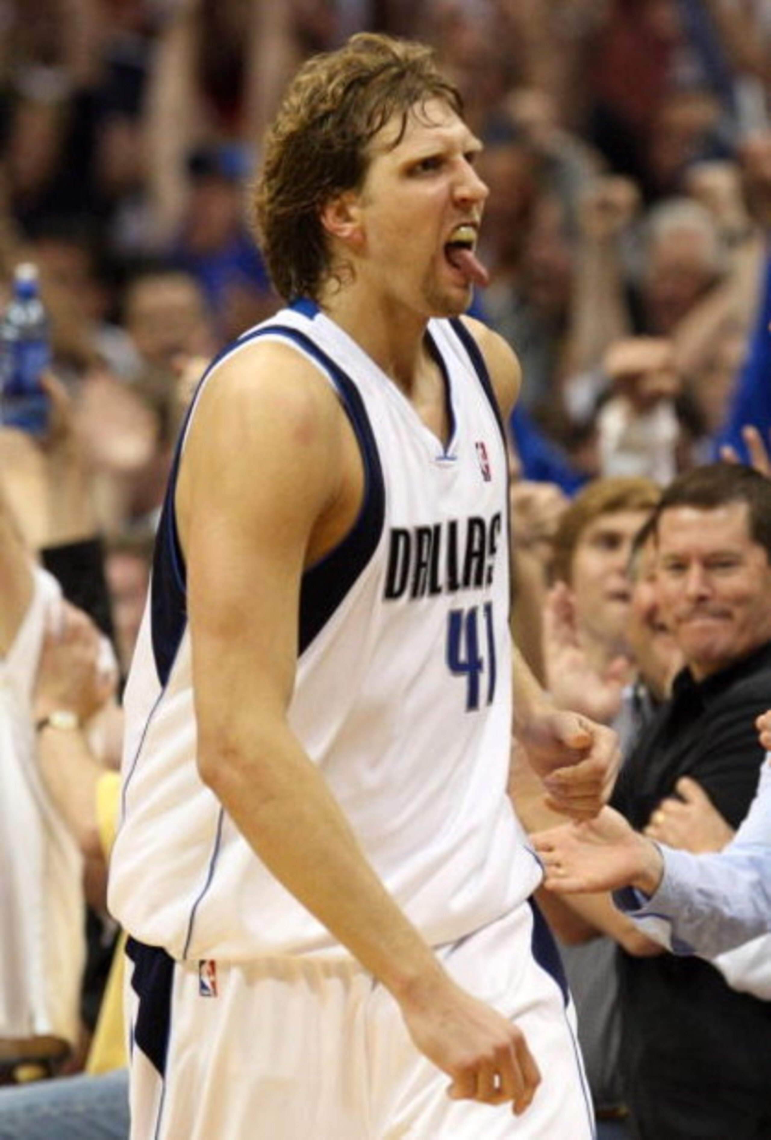 DALLAS - MAY 11:  Forward Dirk Nowtizki #41 of the Dallas Mavericks reacts after scoring to take a two-point lead against the Denver Nuggets in Game Four of the Western Conference Semifinals during the 2009 NBA Playoffs at American Airlines Center on May 