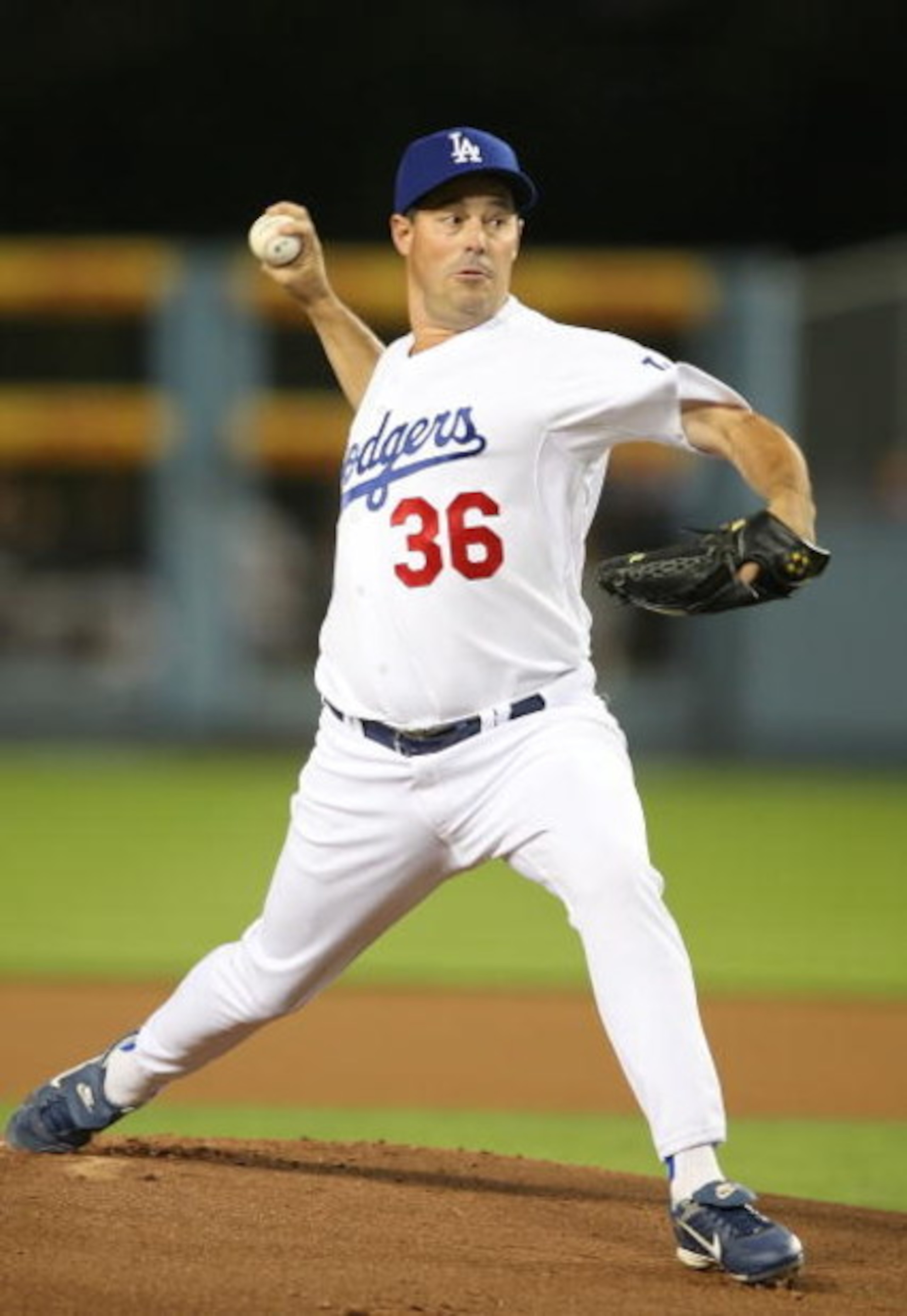 LOS ANGELES, CA - SEPTEMBER 19:  Greg Maddux #36 of the Los Angeles Dodgers pitches against the San Francisco Giants at Dodger Stadium on September 19, 2008 in Los Angeles, California.  (Photo by Lisa Blumenfeld/Getty Images)