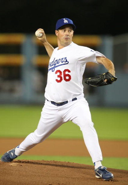 LOS ANGELES, CA - SEPTEMBER 19:  Greg Maddux #36 of the Los Angeles Dodgers pitches against the San Francisco Giants at Dodger Stadium on September 19, 2008 in Los Angeles, California.  (Photo by Lisa Blumenfeld/Getty Images)