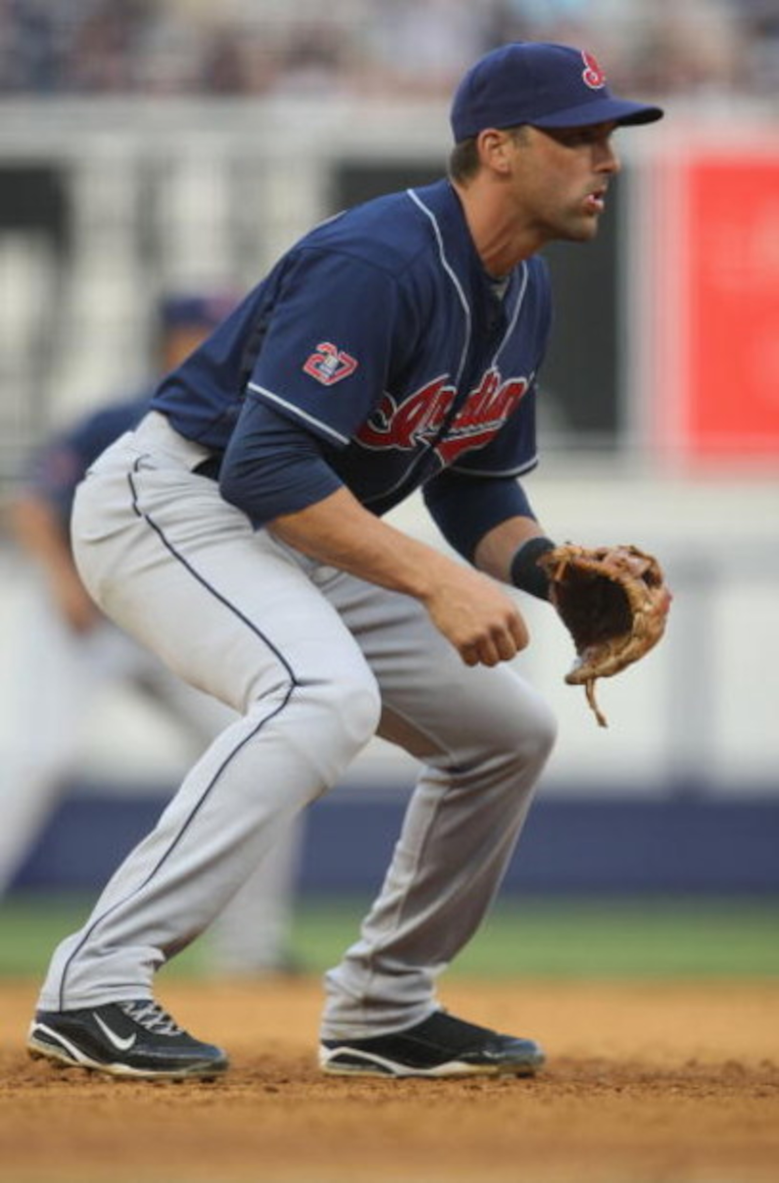 NEW YORK - APRIL 18:  Mark DeRosa #7  of the Cleveland Indians in the field against the New York Yankees at Yankee Stadium on April 18, 2009 in the Bronx borough of New York City.  (Photo by Nick Laham/Getty Images)