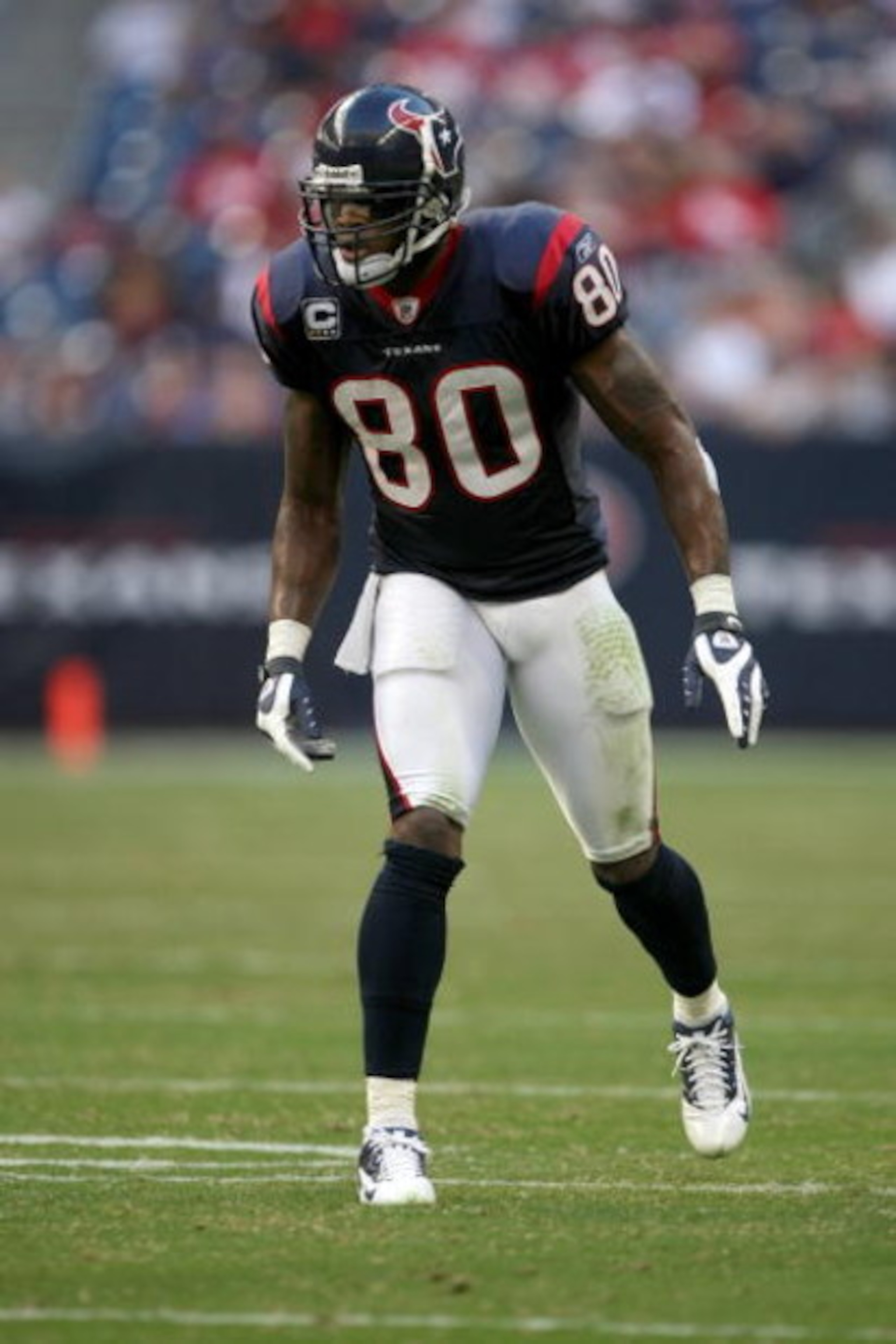 HOUSTON - OCTOBER 26: Wide receiver Andre Johnson #80 of the Houston Texans sets on the line of scrimmage during the game with the Cincinnati Bengals on October 26, 2008 at Reliant Stadium in Houston, Texas.  (Photo by Stephen Dunn/Getty Images)