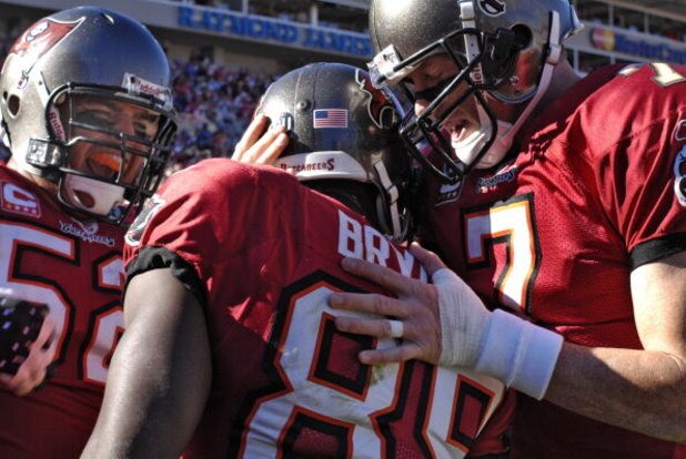 TAMPA, FL - NOVEMBER 16: Quarterback Jeff Garcia #7 of the Tampa Bay Buccaneers celebrates a touchdown with wide receiver Antonio Bryant #89 against the Minnesota Vikings at Raymond James Stadium on November 16, 2008 in Tampa, Florida.  The score was call