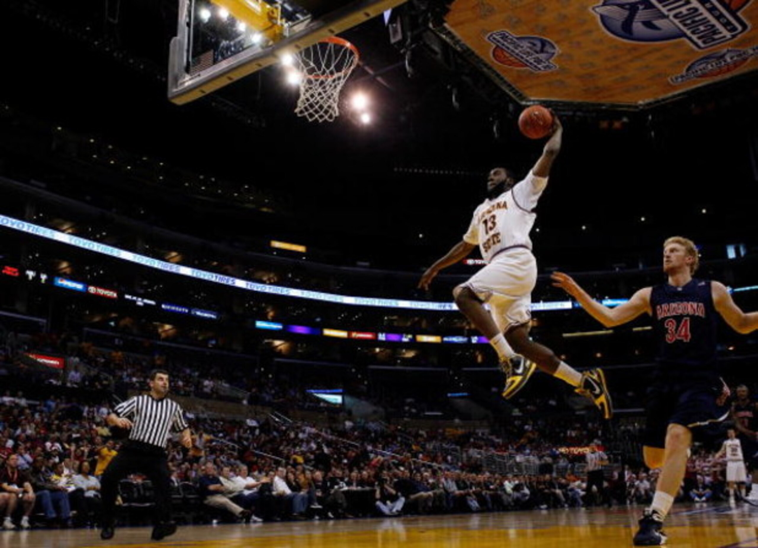 LOS ANGELES, CA - MARCH 12:  Guard James Harden #13 of the Arizona State Sun Devils goes up for a dunk against the Arizona Wildcats during the Pacific Life Pac-10 Men's Basketball Tournament at the Staples Center on March 12, 2009 in Los Angeles, Californ