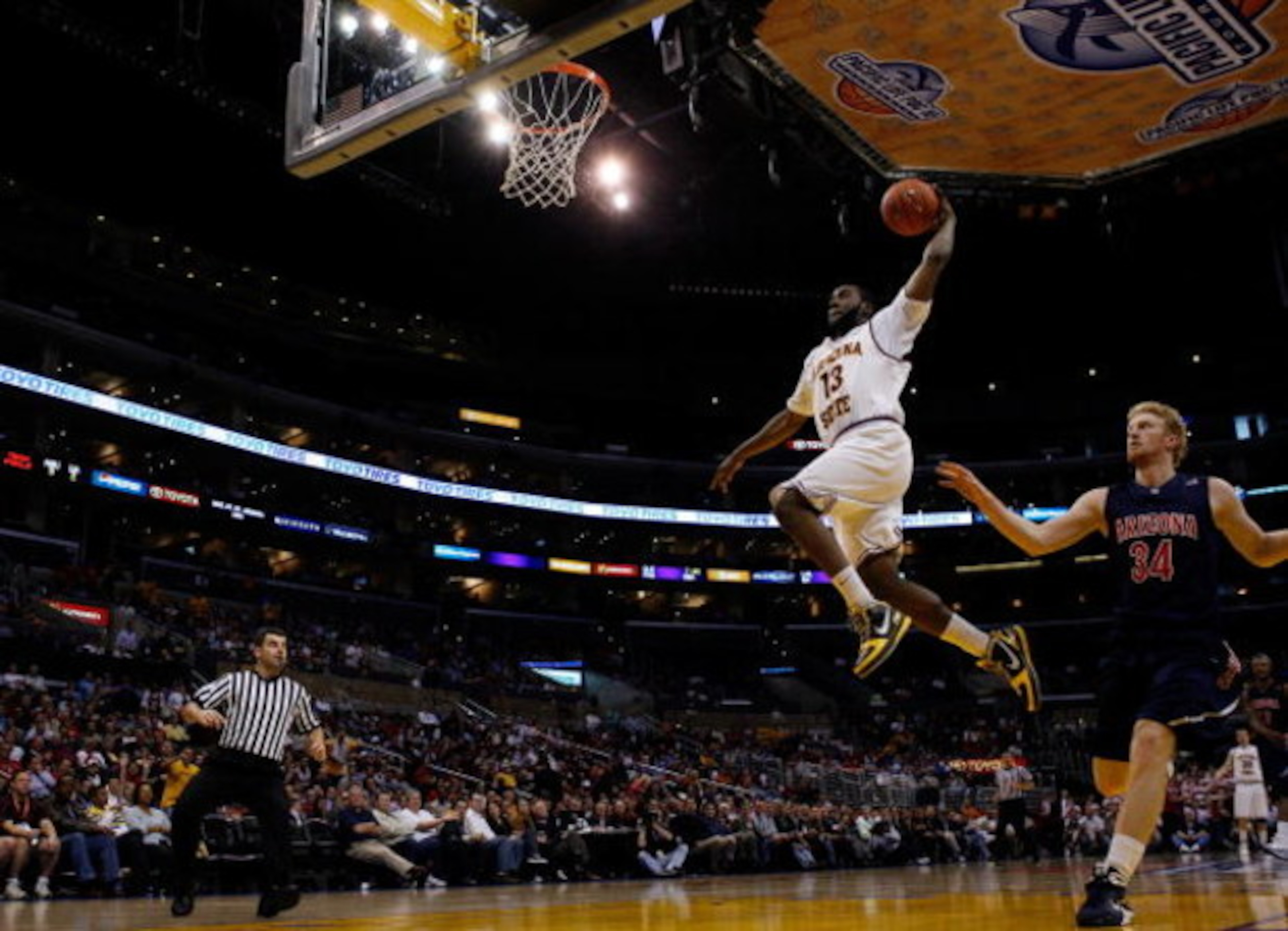 LOS ANGELES, CA - MARCH 12:  Guard James Harden #13 of the Arizona State Sun Devils goes up for a dunk against the Arizona Wildcats during the Pacific Life Pac-10 Men's Basketball Tournament at the Staples Center on March 12, 2009 in Los Angeles, Californ