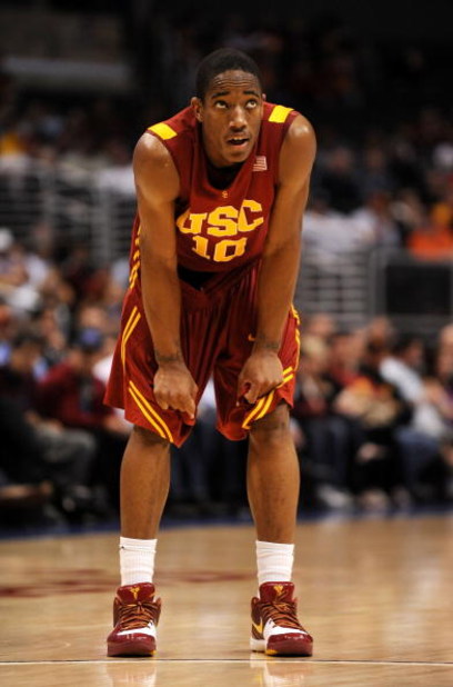 LOS ANGELES, CA - MARCH 14:  Guard DeMar DeRozan #10 of the USC Trojans stands on the court during the game against the Arizona State Sun Devils in the Pacific Life Pac-10 Men's Basketball Tournament Championship Game at the Staples Center on March 14, 20