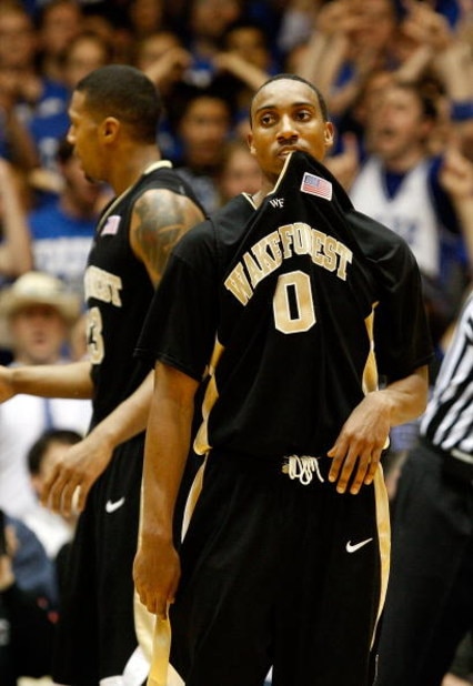 DURHAM, NC - FEBRUARY 22:  Jeff Teague #0 of the Wake Forest Demon Deacons reacts against the Duke Blue Devils during their game at Cameron Indoor Stadium on February 22, 2009 in Durham, North Carolina.  (Photo by Streeter Lecka/Getty Images)