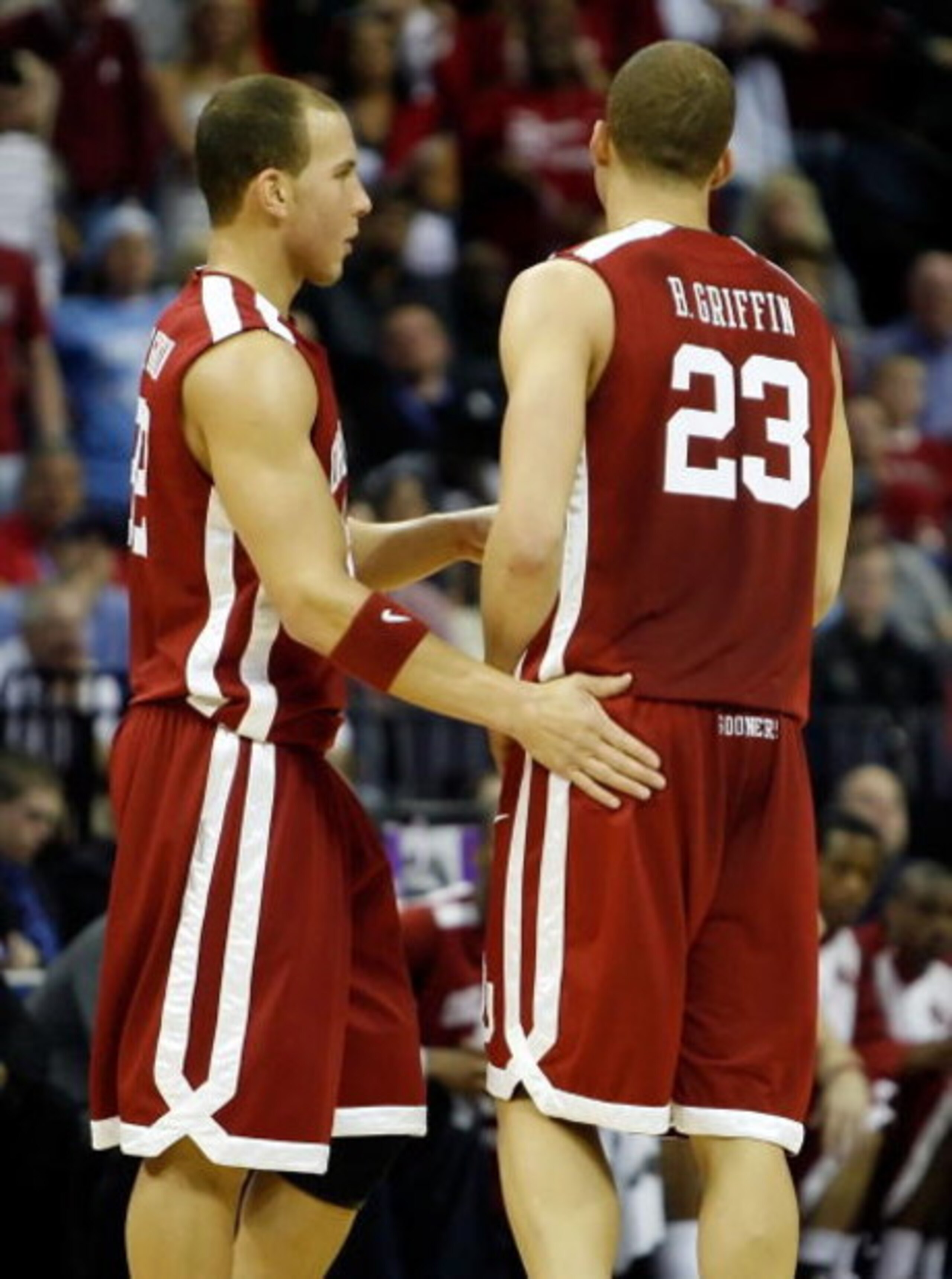 MEMPHIS, TN - MARCH 29:  (L-R) Taylor Griffin #32 of the Oklahoma Sooners talks with brother Blake Griffin #23 while taking on the North Carolina Tar Heels during the NCAA Men's Basketball Tournament South Regional Final at the FedExForum on March 29, 200