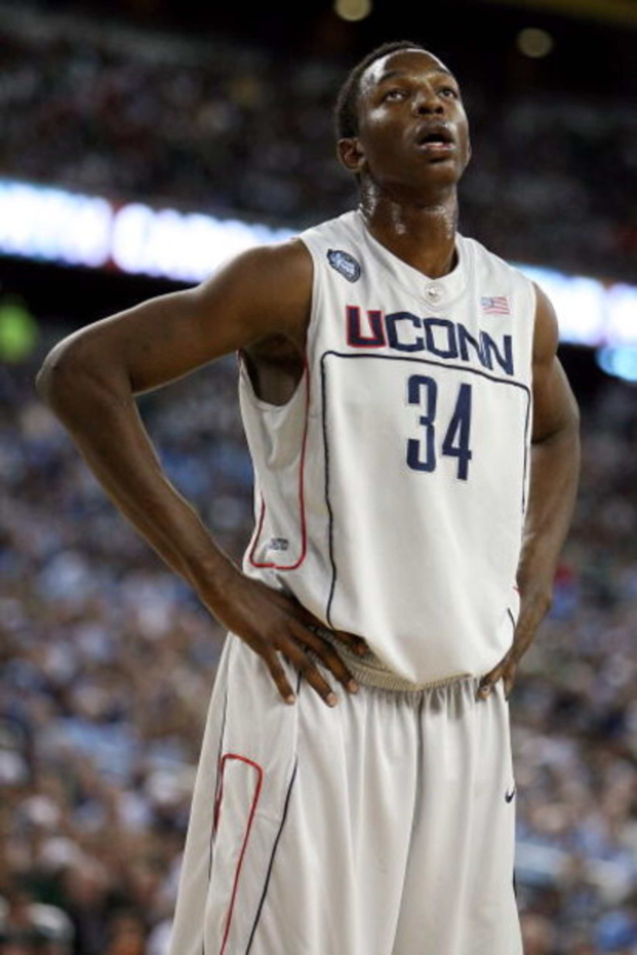 DETROIT - APRIL 04:  Hasheem Thabeet #34 of the Connecticut Huskies looks on against the Michigan State Spartans during the National Semifinal game of the NCAA Division I Men's Basketball Championship at Ford Field on April 4, 2009 in Detroit, Michigan.  