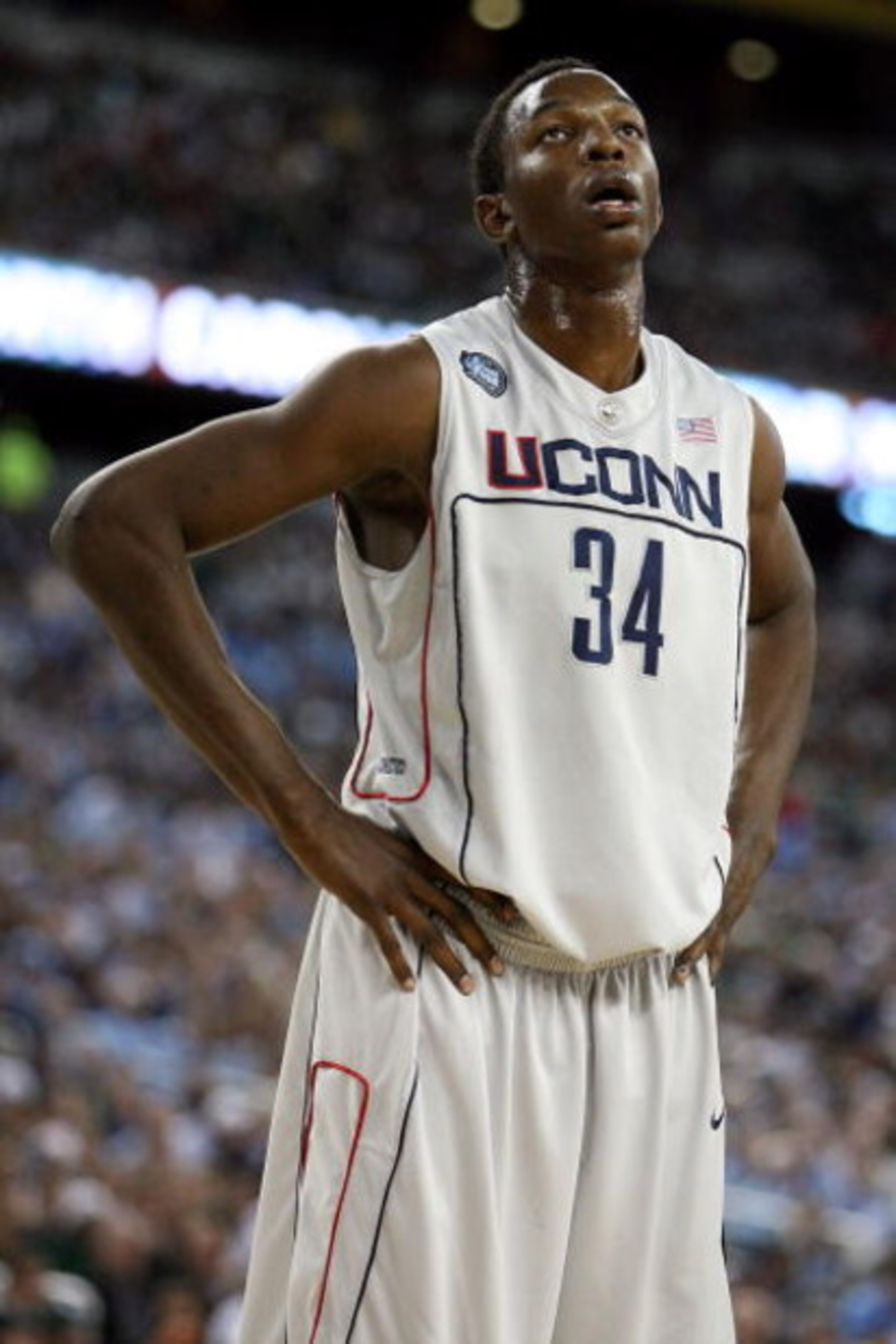 DETROIT - APRIL 04:  Hasheem Thabeet #34 of the Connecticut Huskies looks on against the Michigan State Spartans during the National Semifinal game of the NCAA Division I Men's Basketball Championship at Ford Field on April 4, 2009 in Detroit, Michigan.  